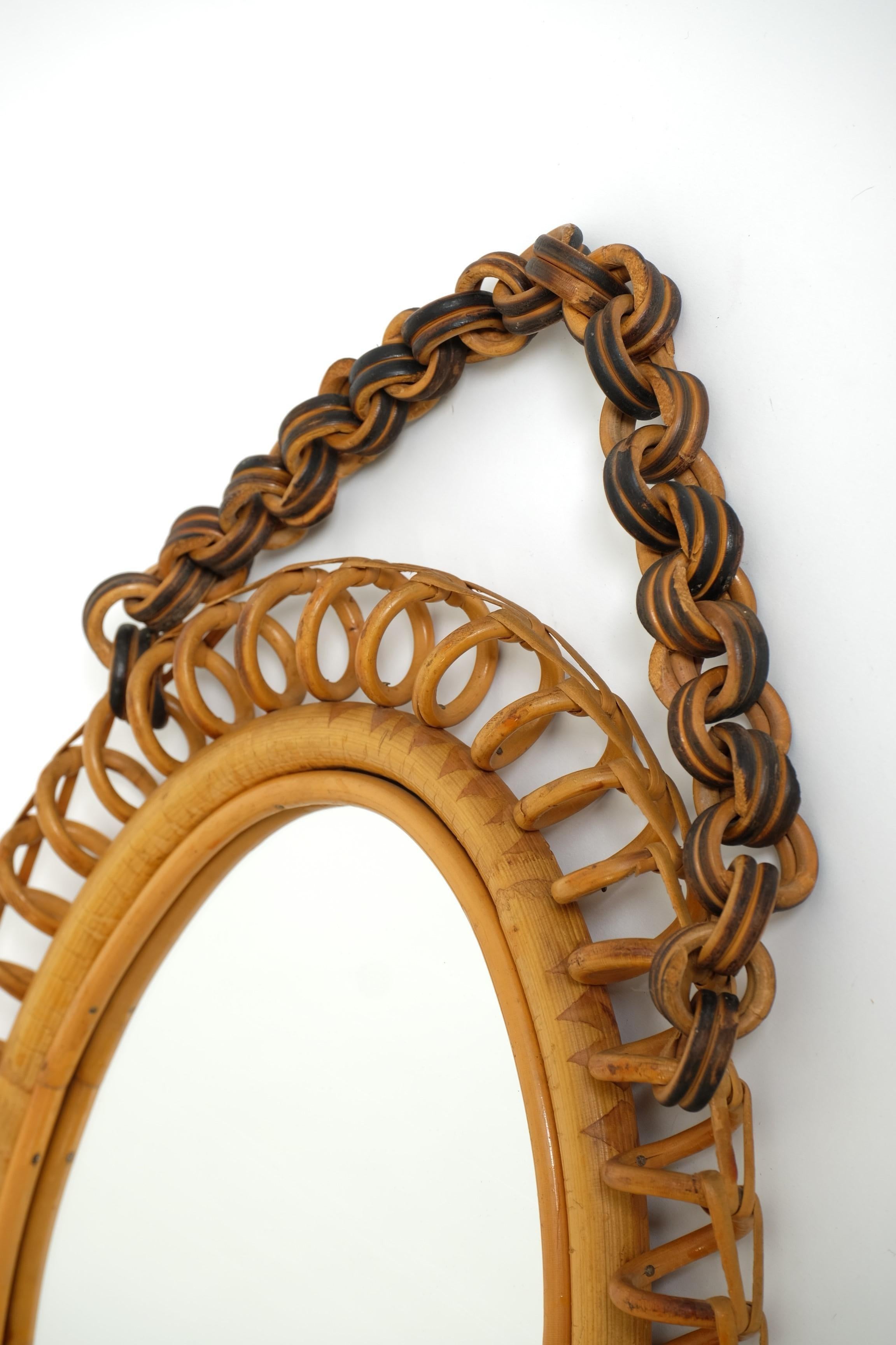 Mid-Century Oval Rattan and Bamboo Wall Mirror Franco Albini Style, Italy 1960s For Sale 9