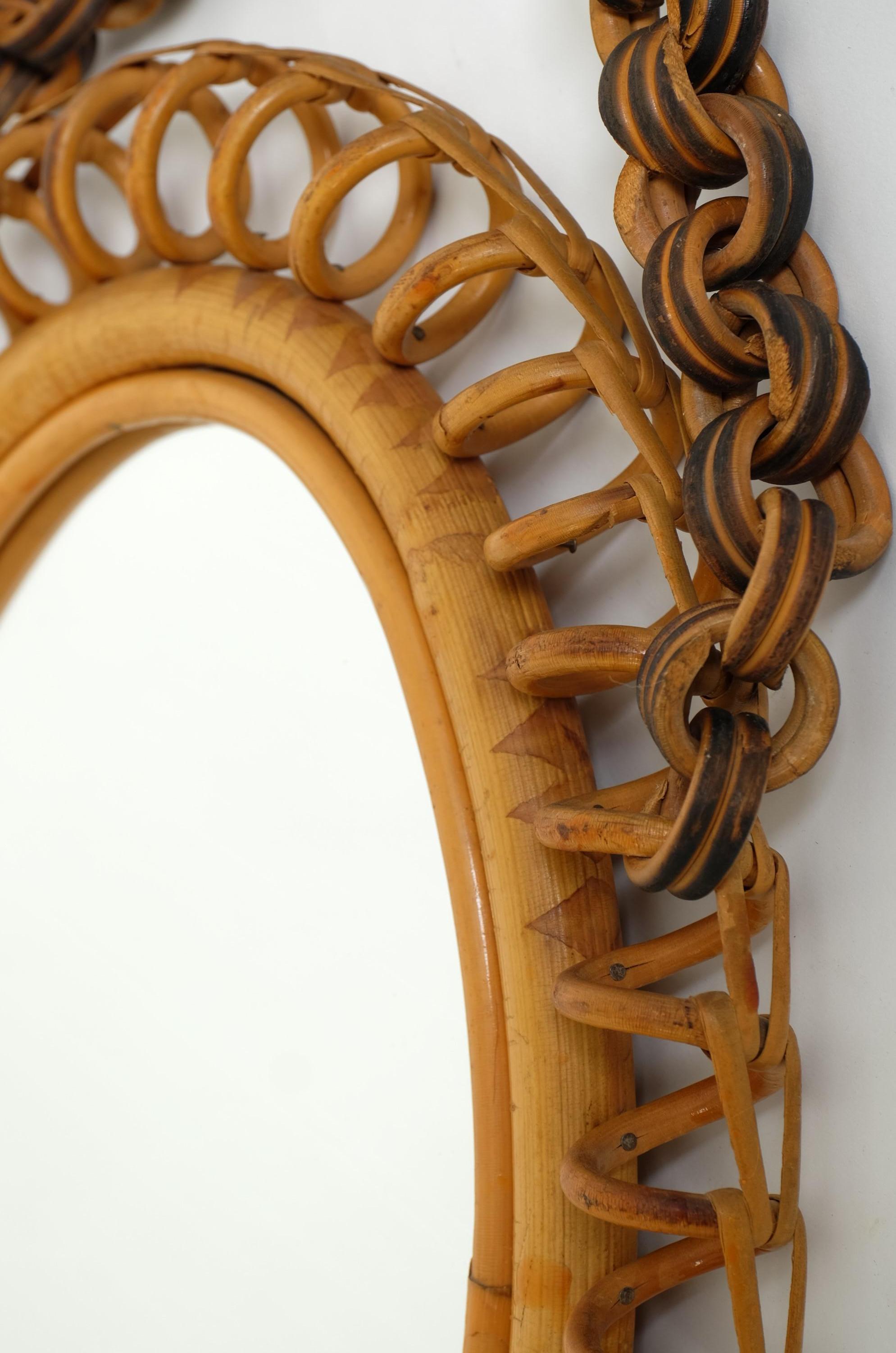 Mid-Century Oval Rattan and Bamboo Wall Mirror Franco Albini Style, Italy 1960s For Sale 10