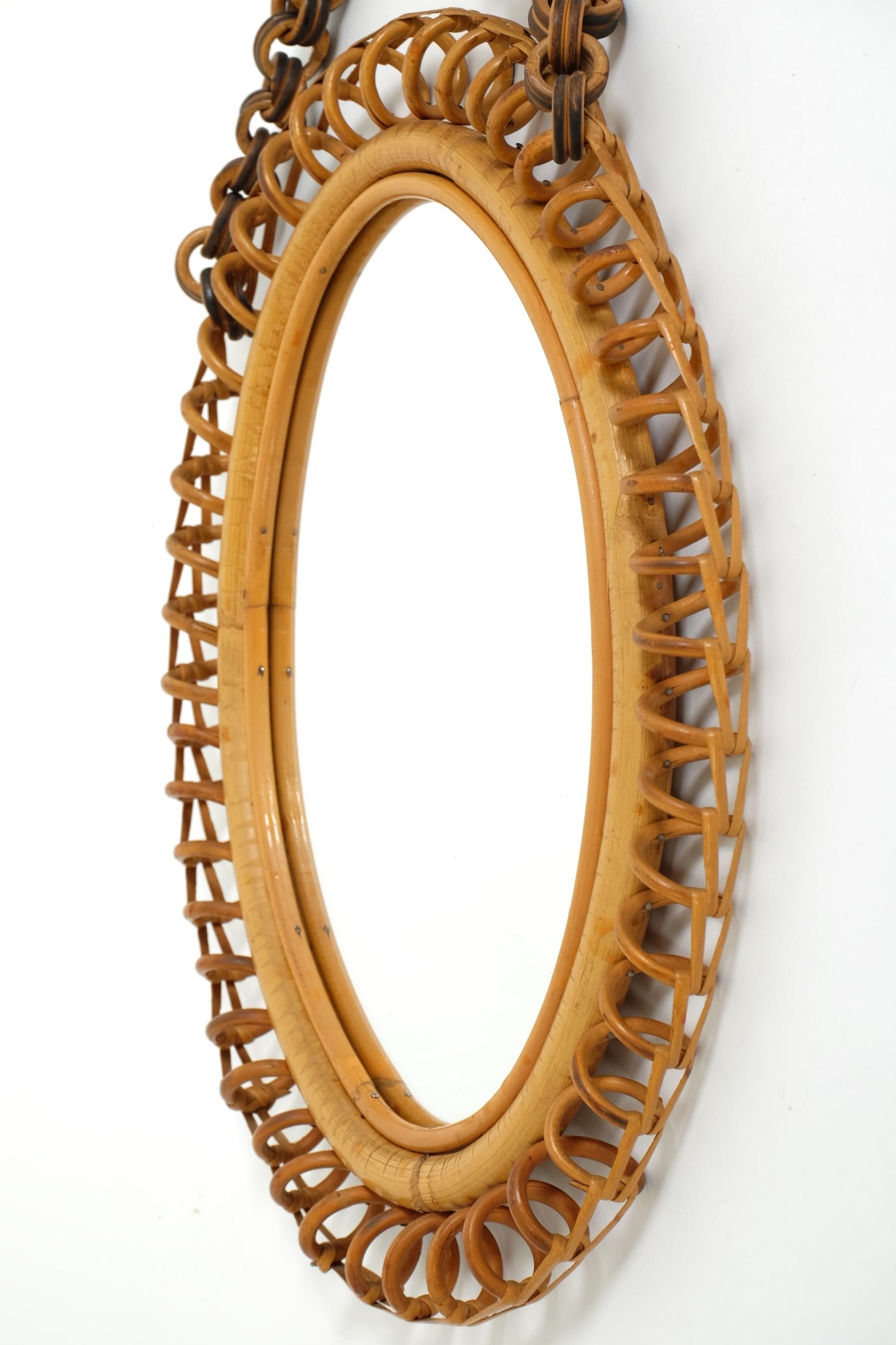 Mid-Century Oval Rattan and Bamboo Wall Mirror Franco Albini Style, Italy 1960s For Sale 11