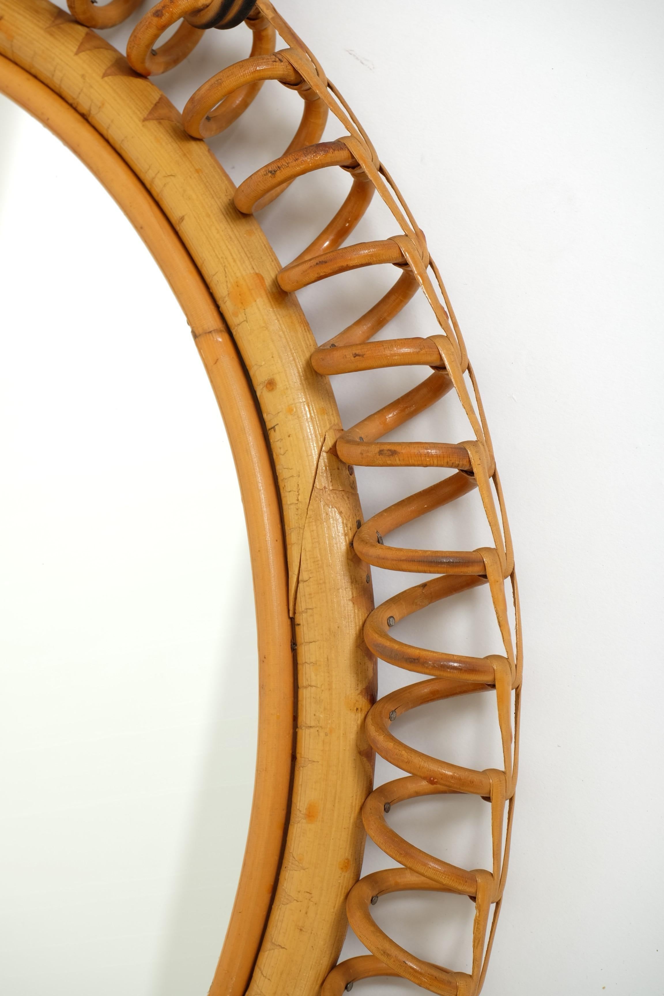 Mid-Century Oval Rattan and Bamboo Wall Mirror Franco Albini Style, Italy 1960s For Sale 12