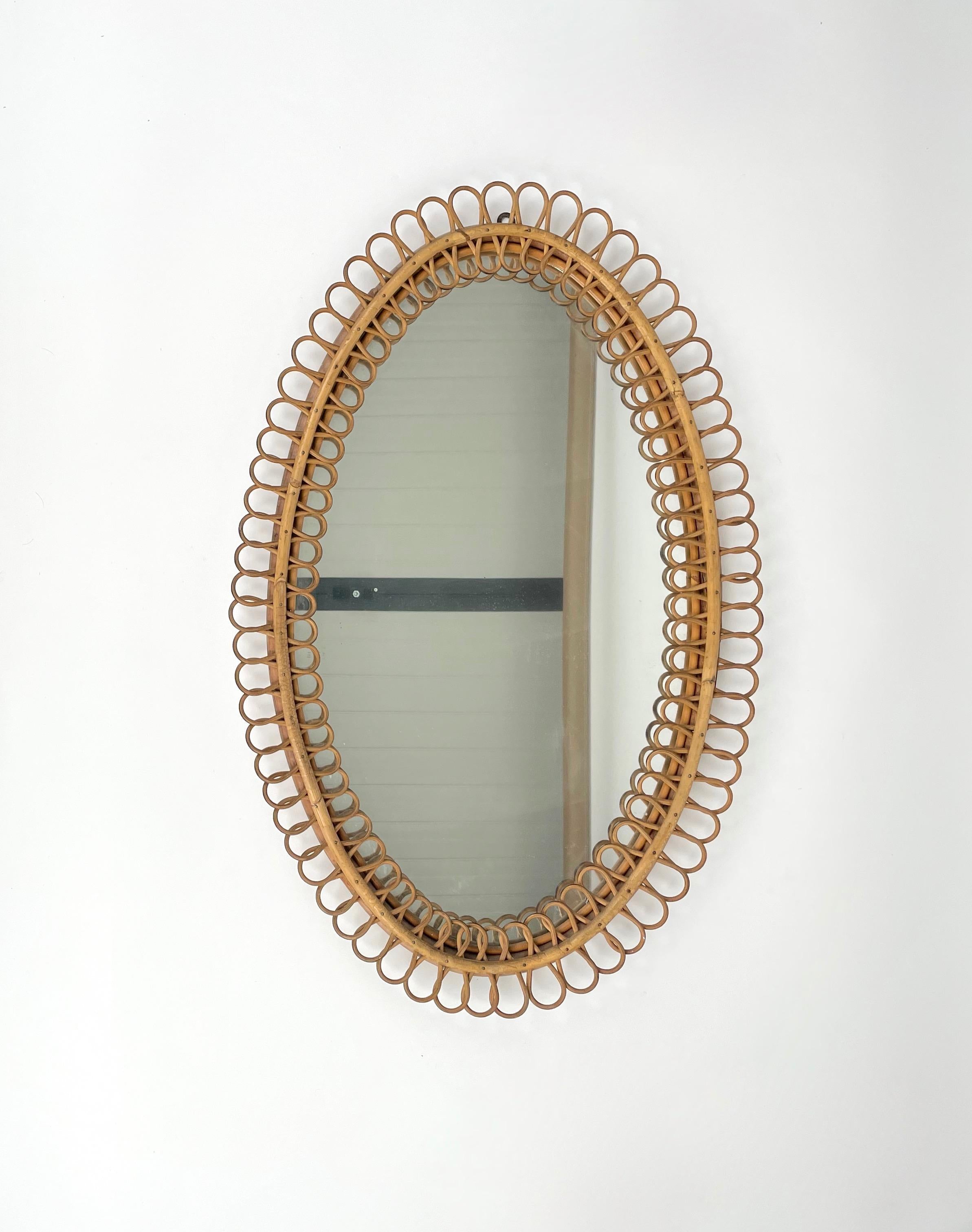 Mid-Century Modern Mid-Century Rattan and Bamboo Oval Wall Mirror, Italy 1960s