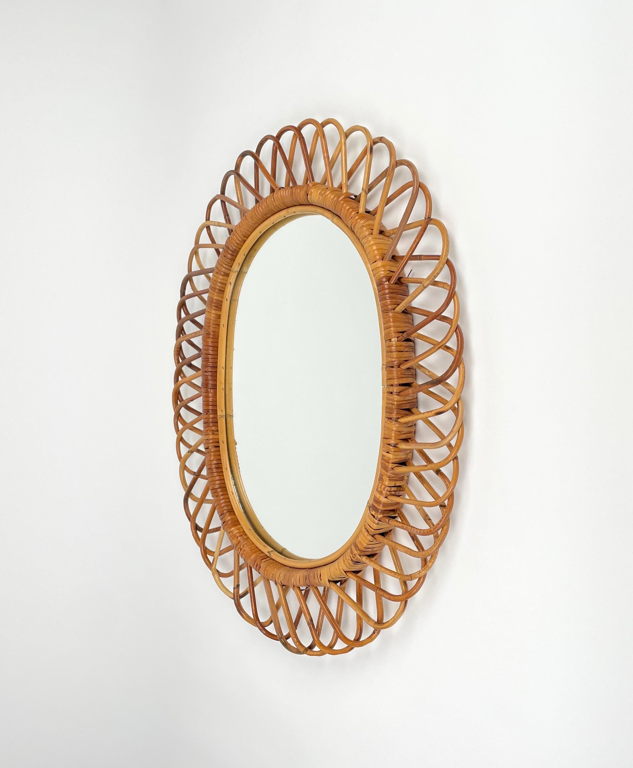 Mid-Century Modern Mid-Century Rattan and Bamboo Oval Wall Mirror, Italy 1960s