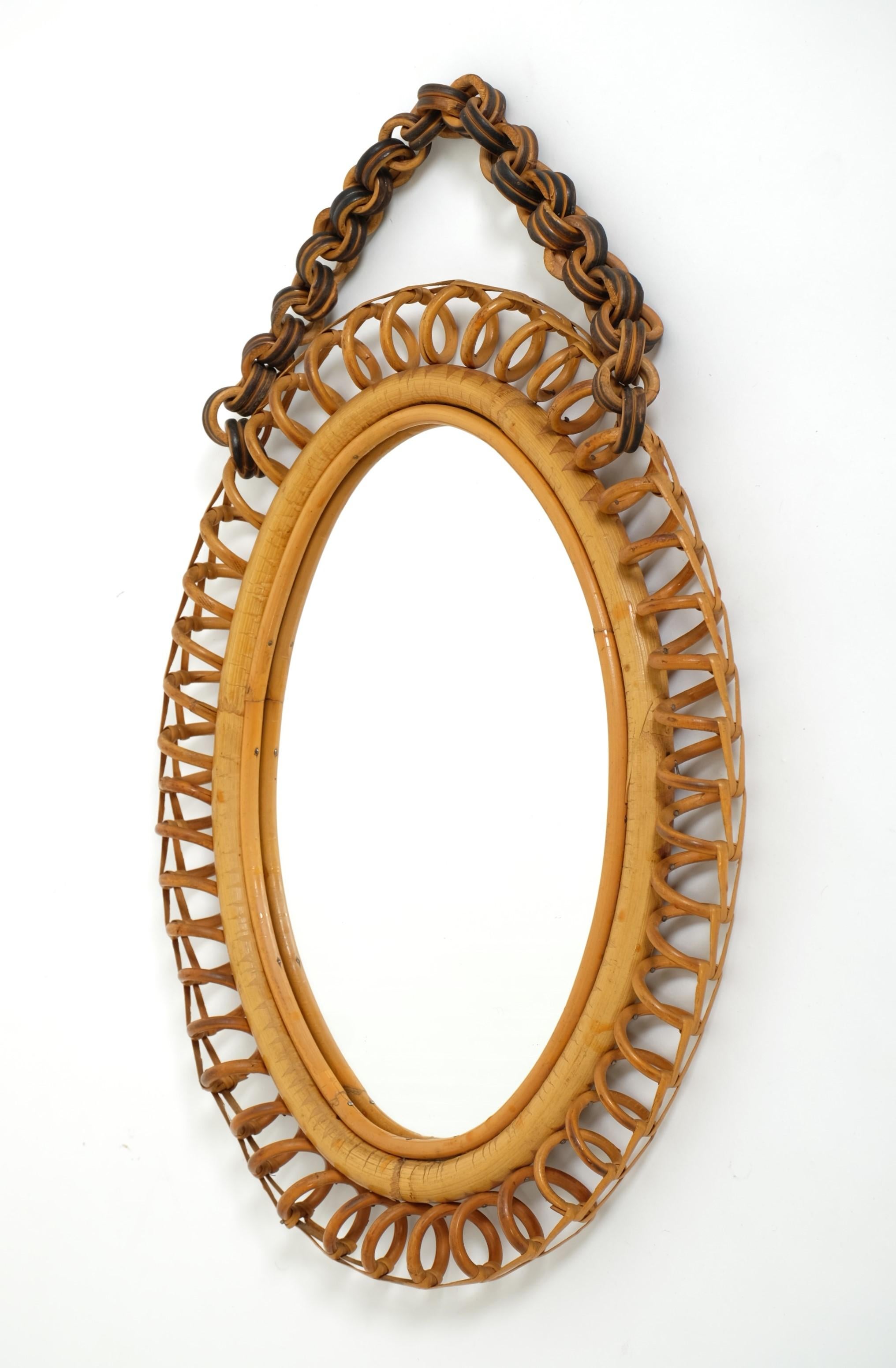 Mid-Century Modern Mid-Century Oval Rattan and Bamboo Wall Mirror Franco Albini Style, Italy 1960s For Sale