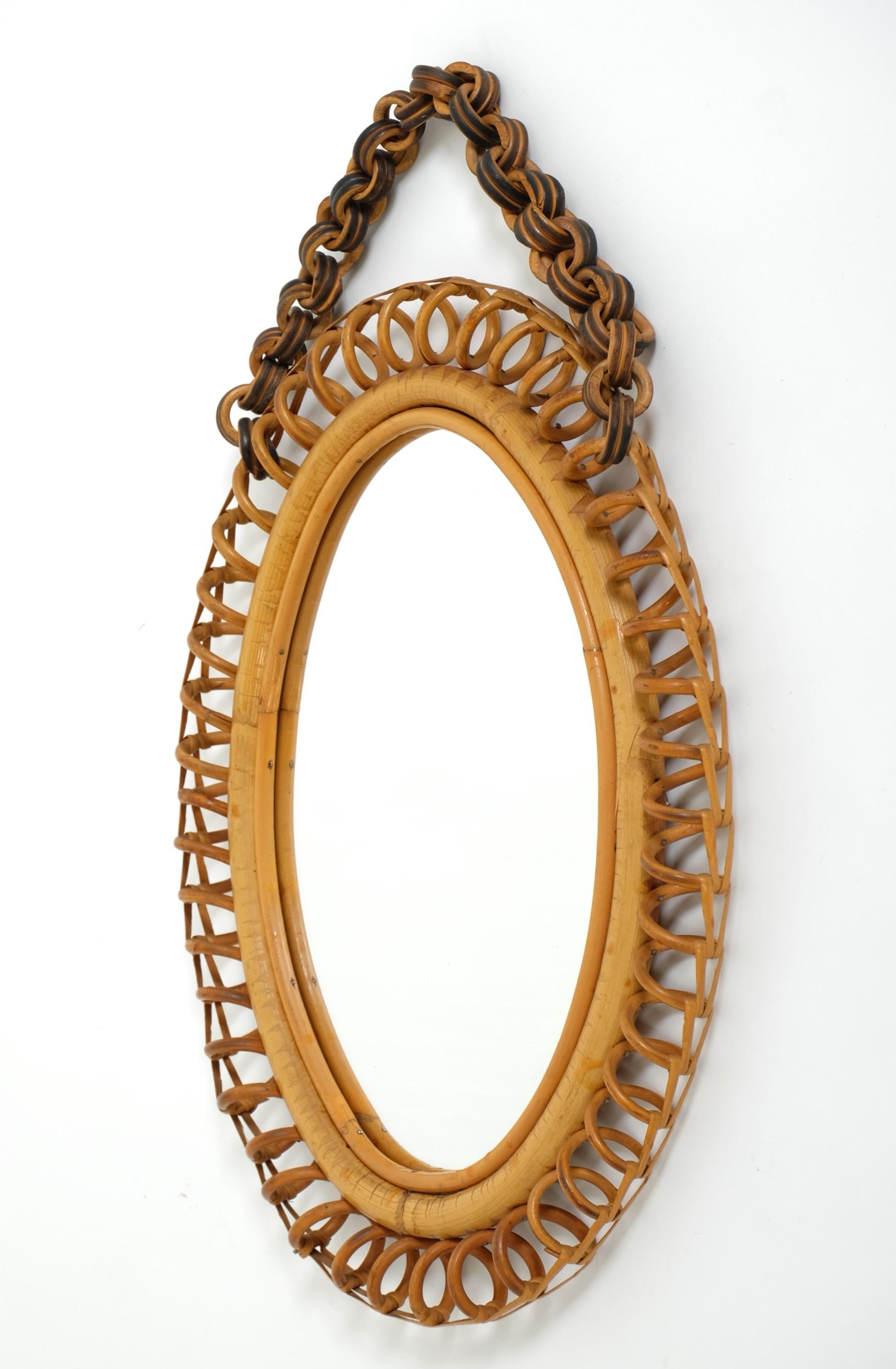 Italian Mid-Century Oval Rattan and Bamboo Wall Mirror Franco Albini Style, Italy 1960s For Sale