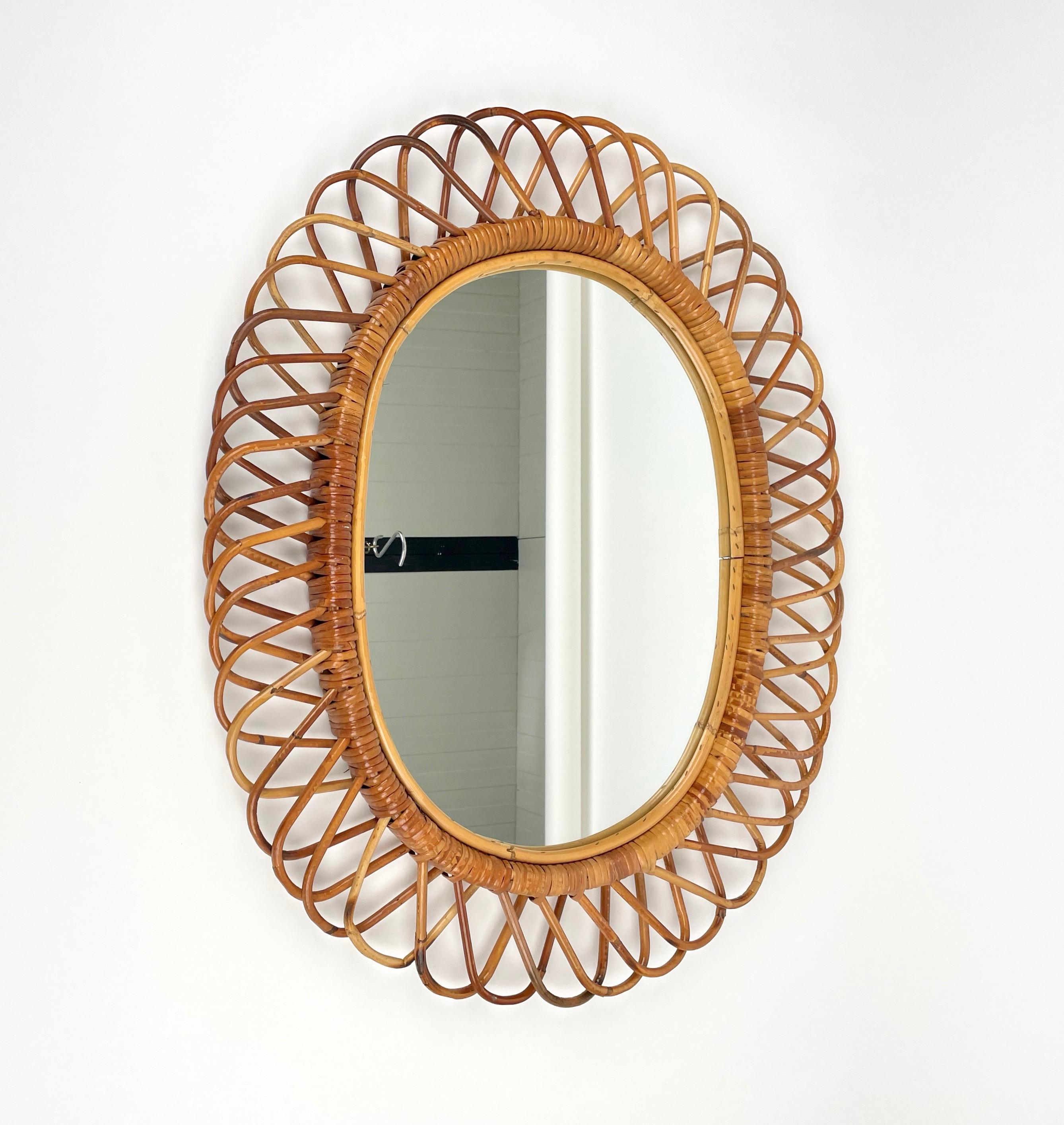 Mid-20th Century Mid-Century Rattan and Bamboo Oval Wall Mirror, Italy 1960s
