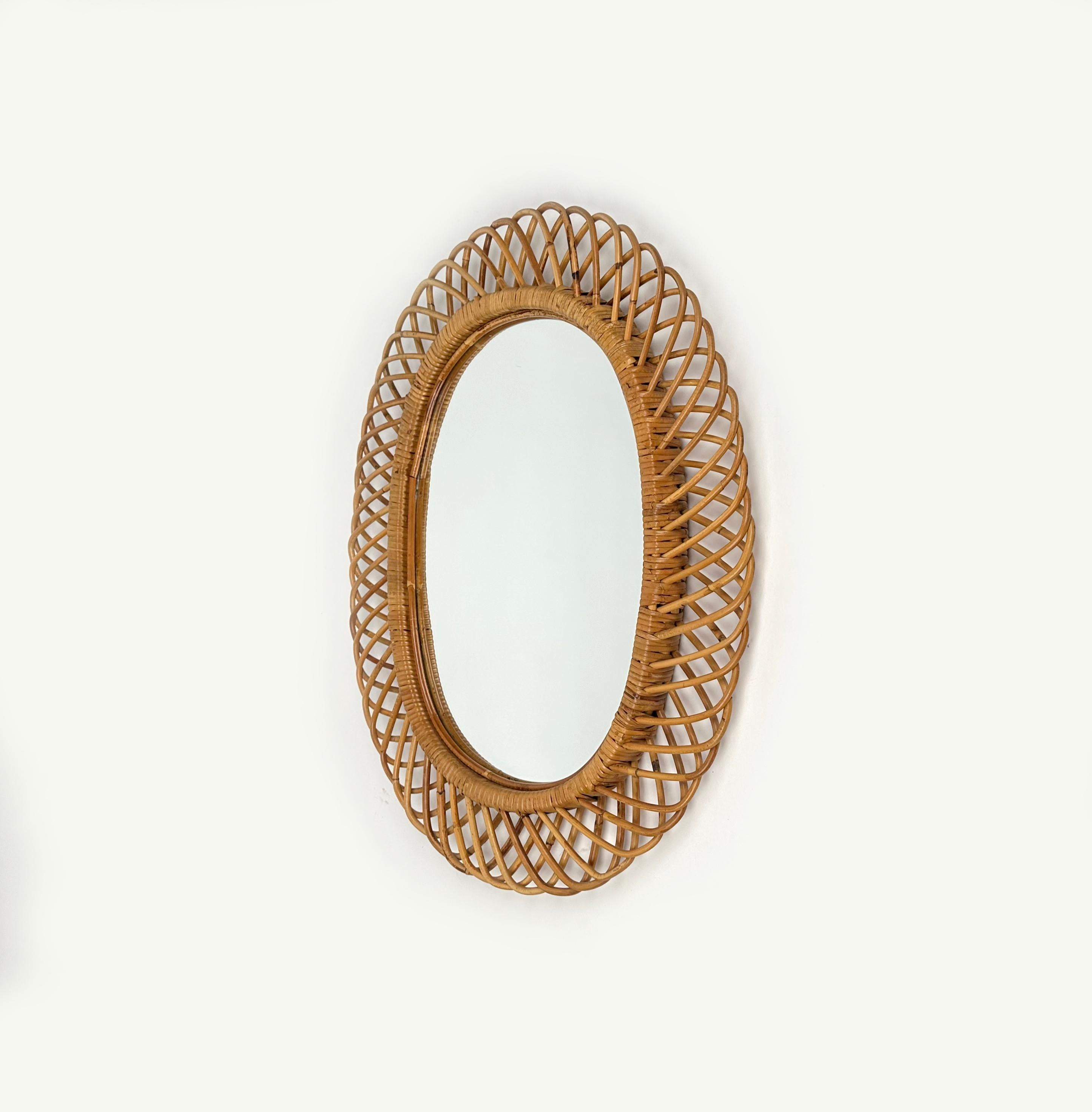 Mid-20th Century Mid-Century Rattan and Bamboo Oval Wall Mirror, Italy 1960s