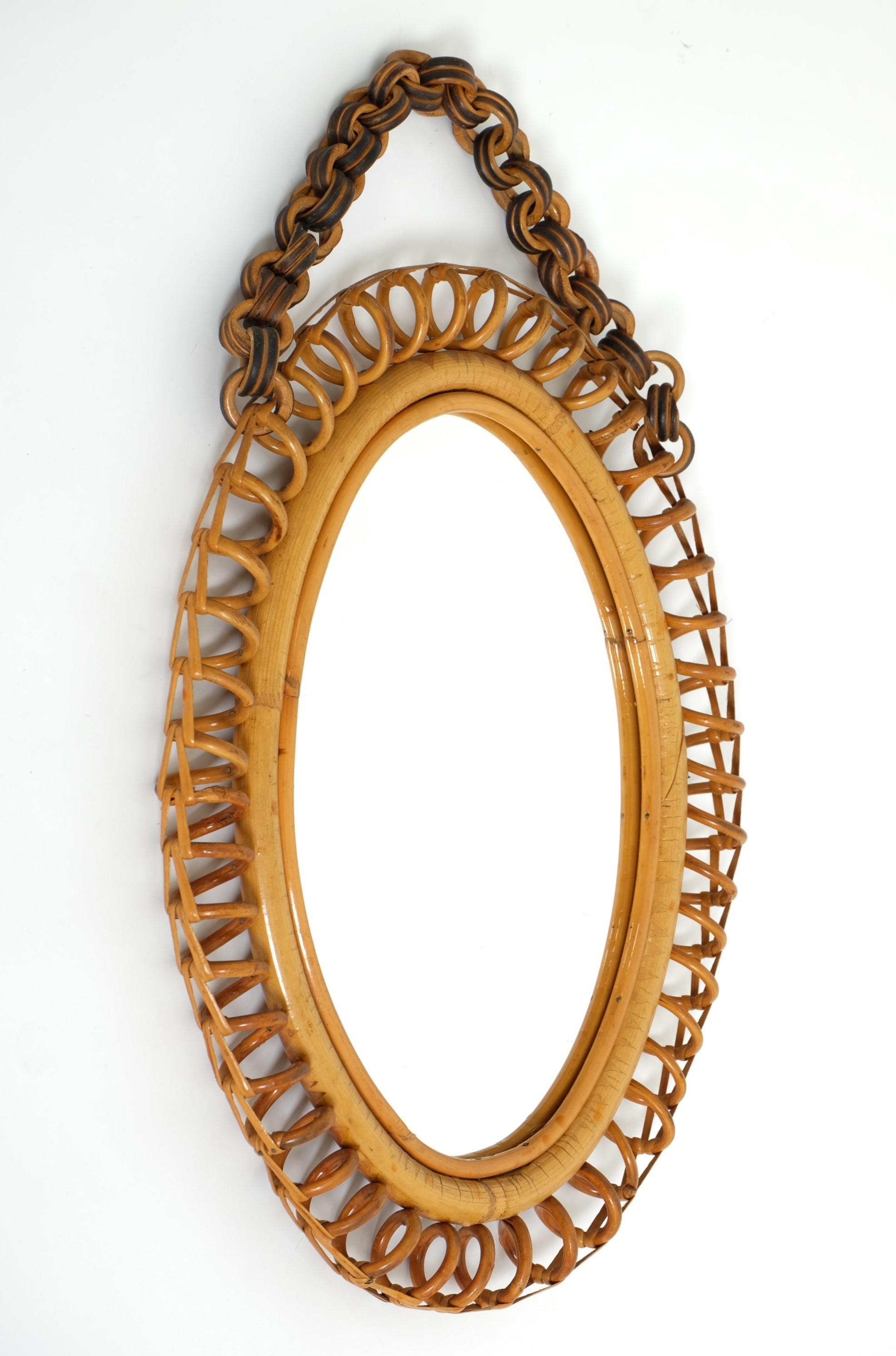Mid-20th Century Mid-Century Oval Rattan and Bamboo Wall Mirror Franco Albini Style, Italy 1960s For Sale