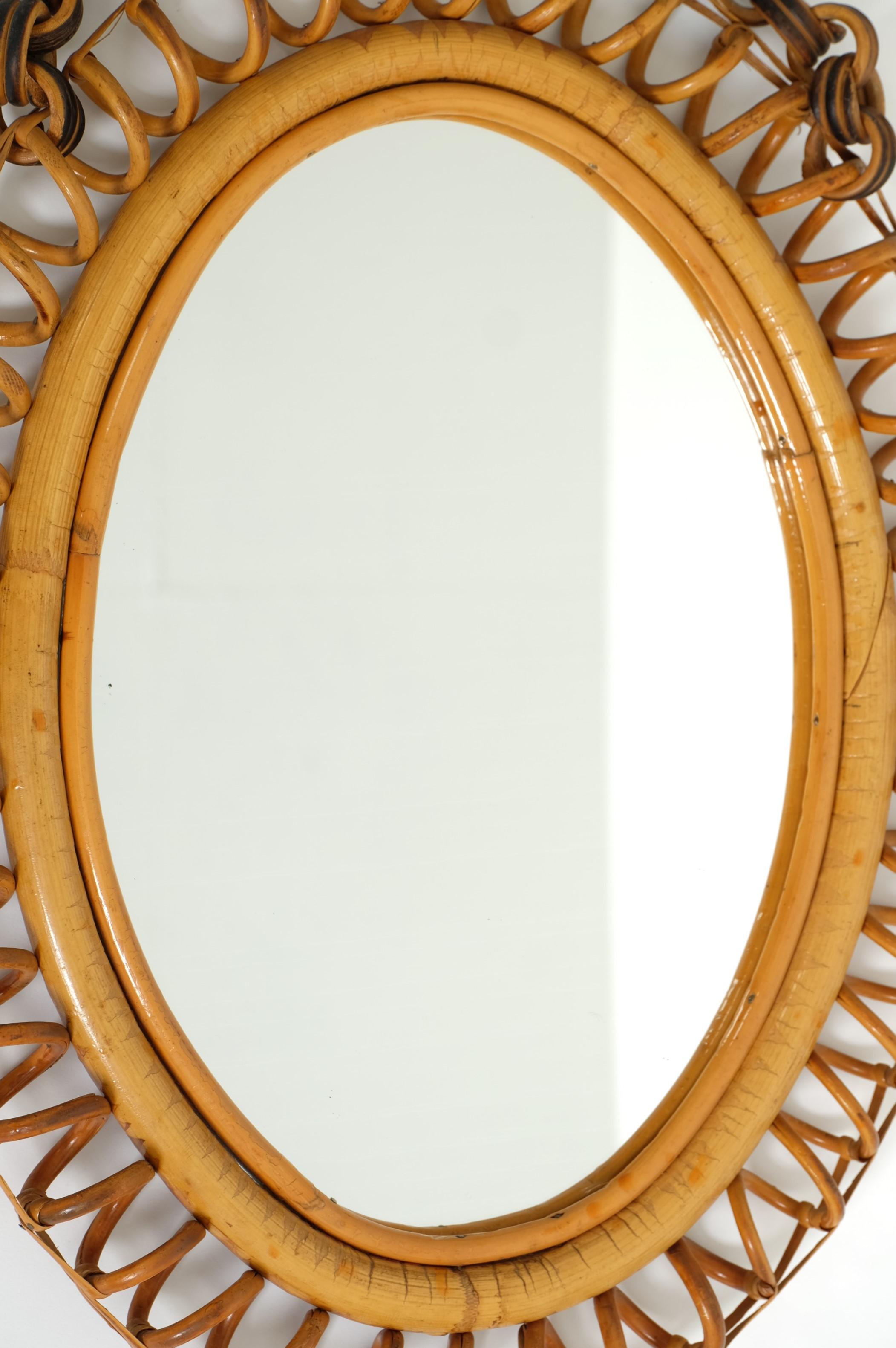Mid-Century Oval Rattan and Bamboo Wall Mirror Franco Albini Style, Italy 1960s For Sale 1