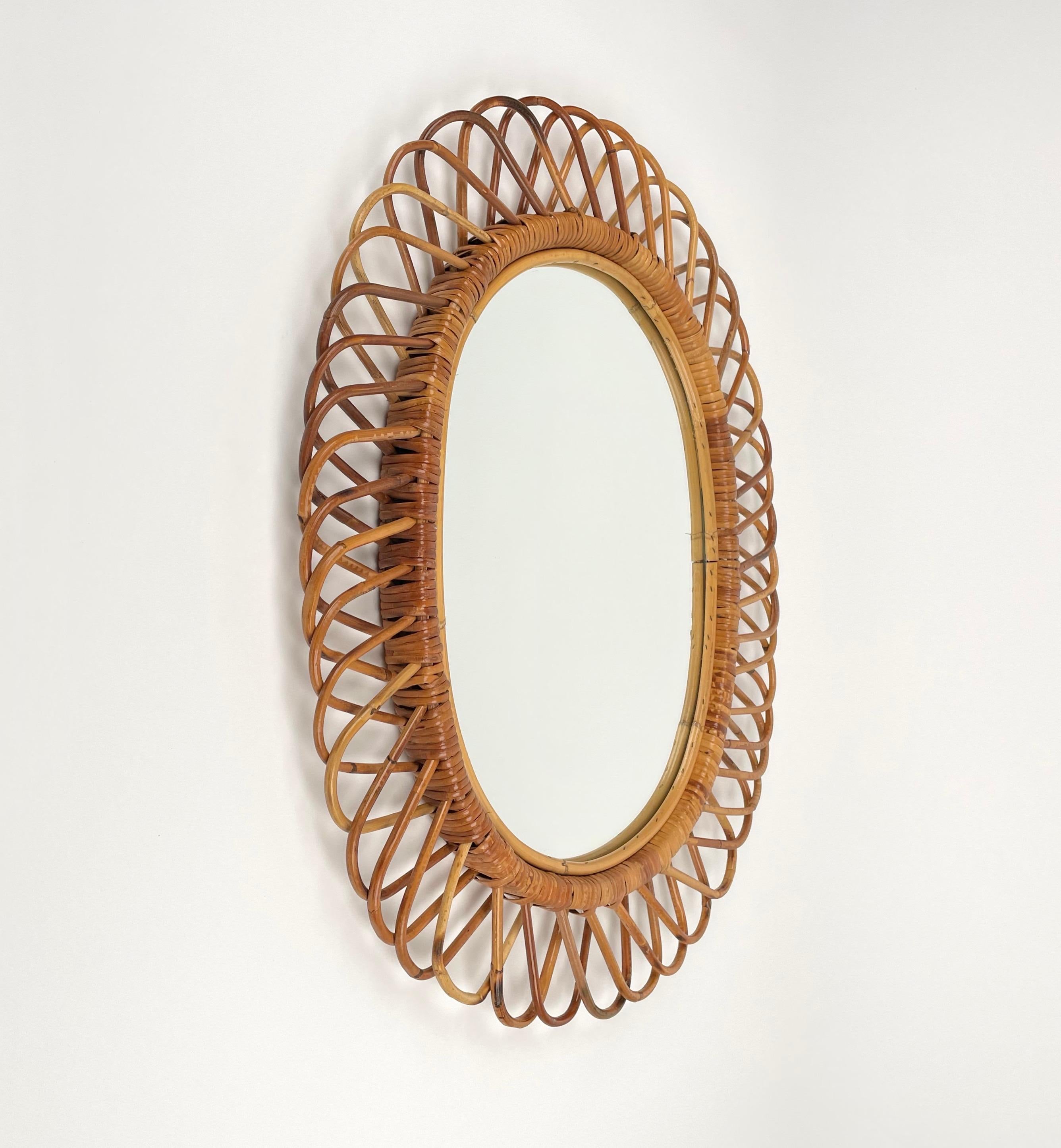 Mid-Century Rattan and Bamboo Oval Wall Mirror, Italy 1960s 2