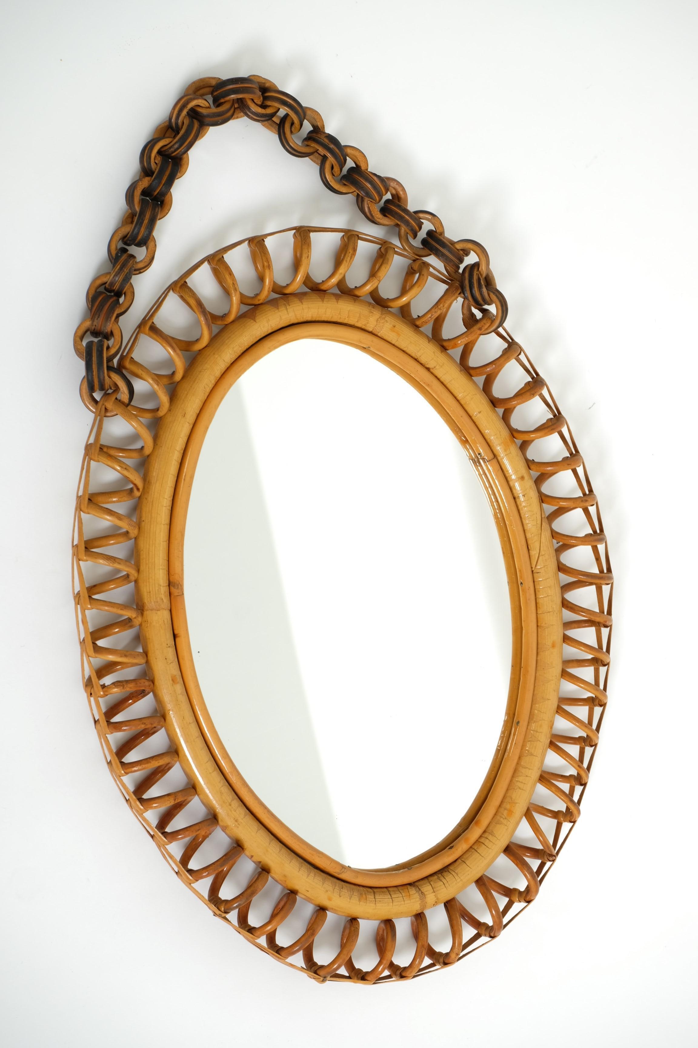 Mid-Century Oval Rattan and Bamboo Wall Mirror Franco Albini Style, Italy 1960s For Sale 2