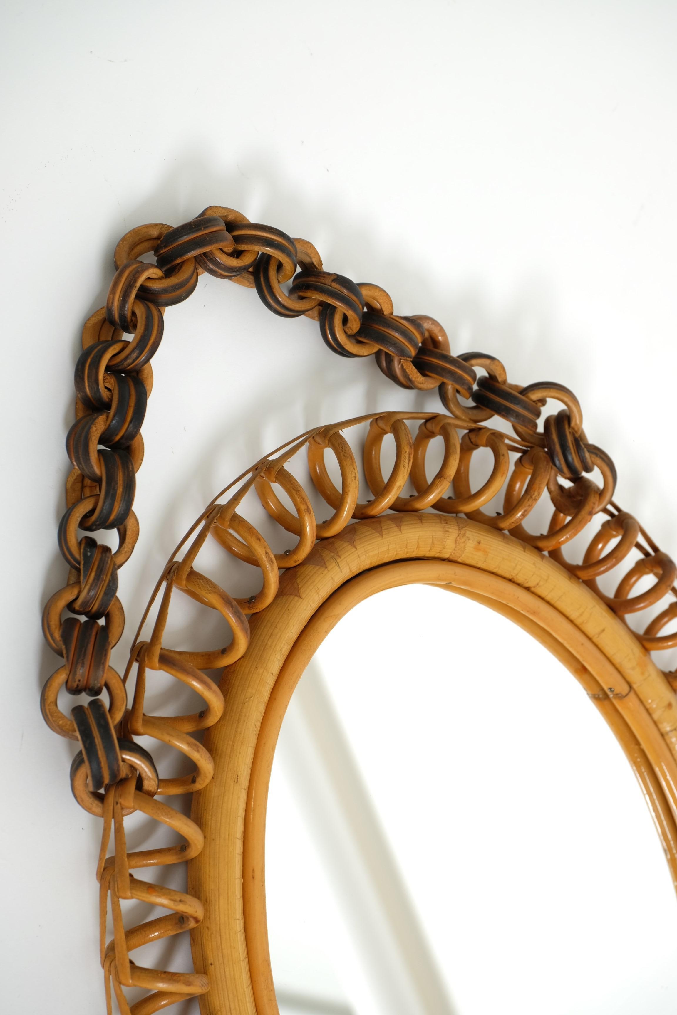 Mid-Century Oval Rattan and Bamboo Wall Mirror Franco Albini Style, Italy 1960s For Sale 3