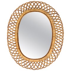Mid-Century Rattan and Bamboo Oval Wall Mirror, Italy, 1960s