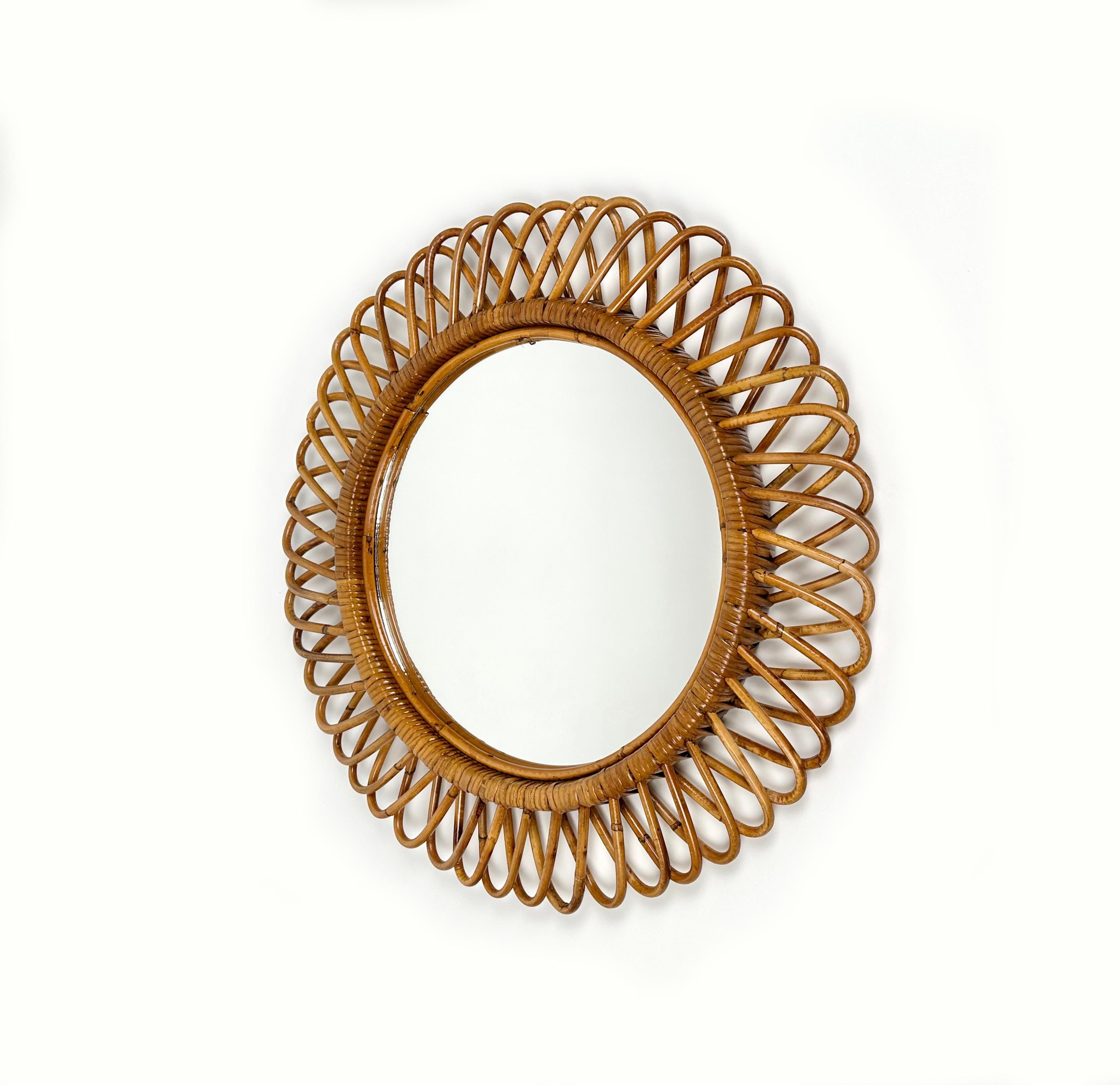 Mid-Century Modern Mid-Century Rattan and Bamboo Round Wall Mirror, Italy 1960s For Sale