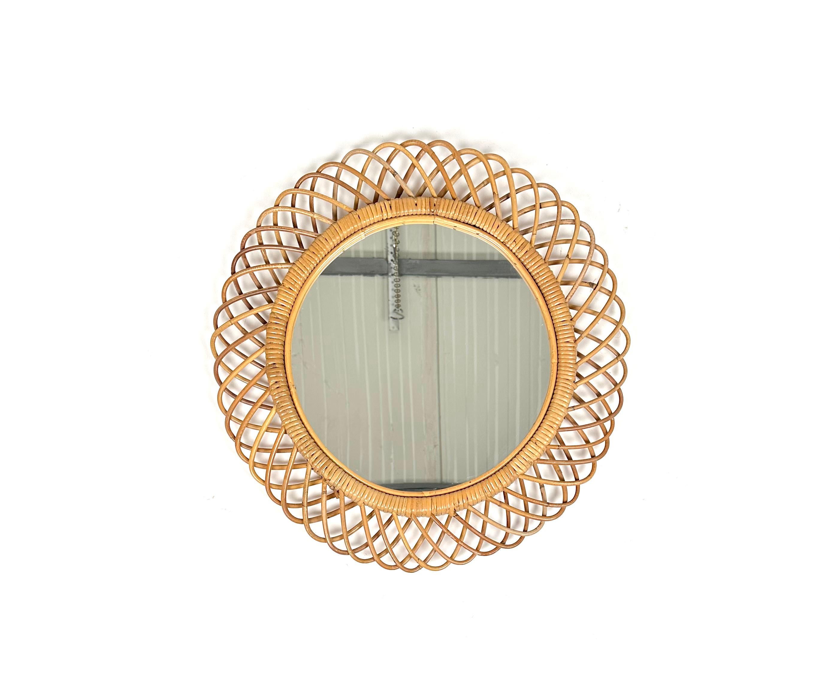 Italian Midcentury Rattan and Bamboo Round Wall Mirror, Italy, 1960s For Sale