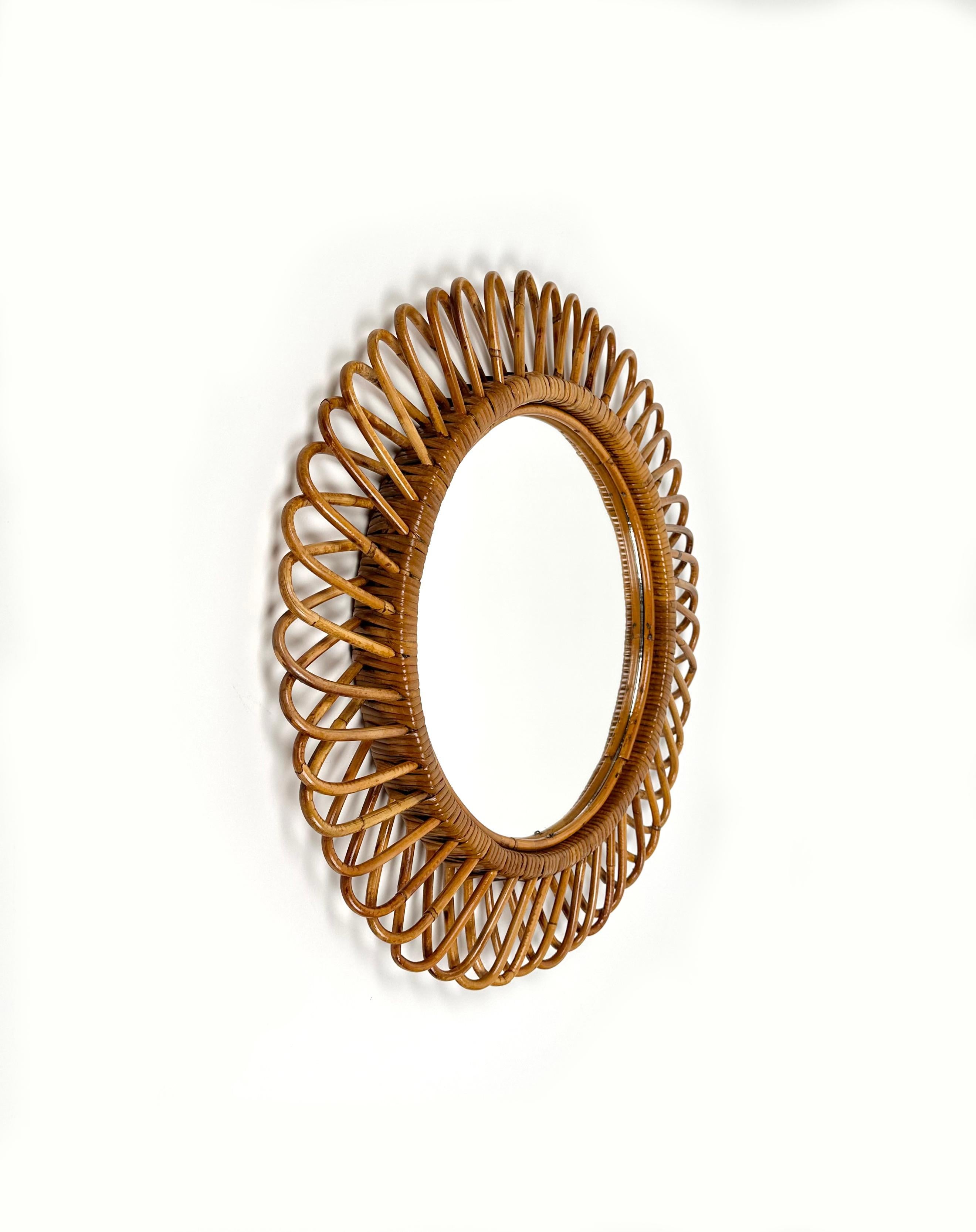 Mid-20th Century Mid-Century Rattan and Bamboo Round Wall Mirror, Italy 1960s For Sale