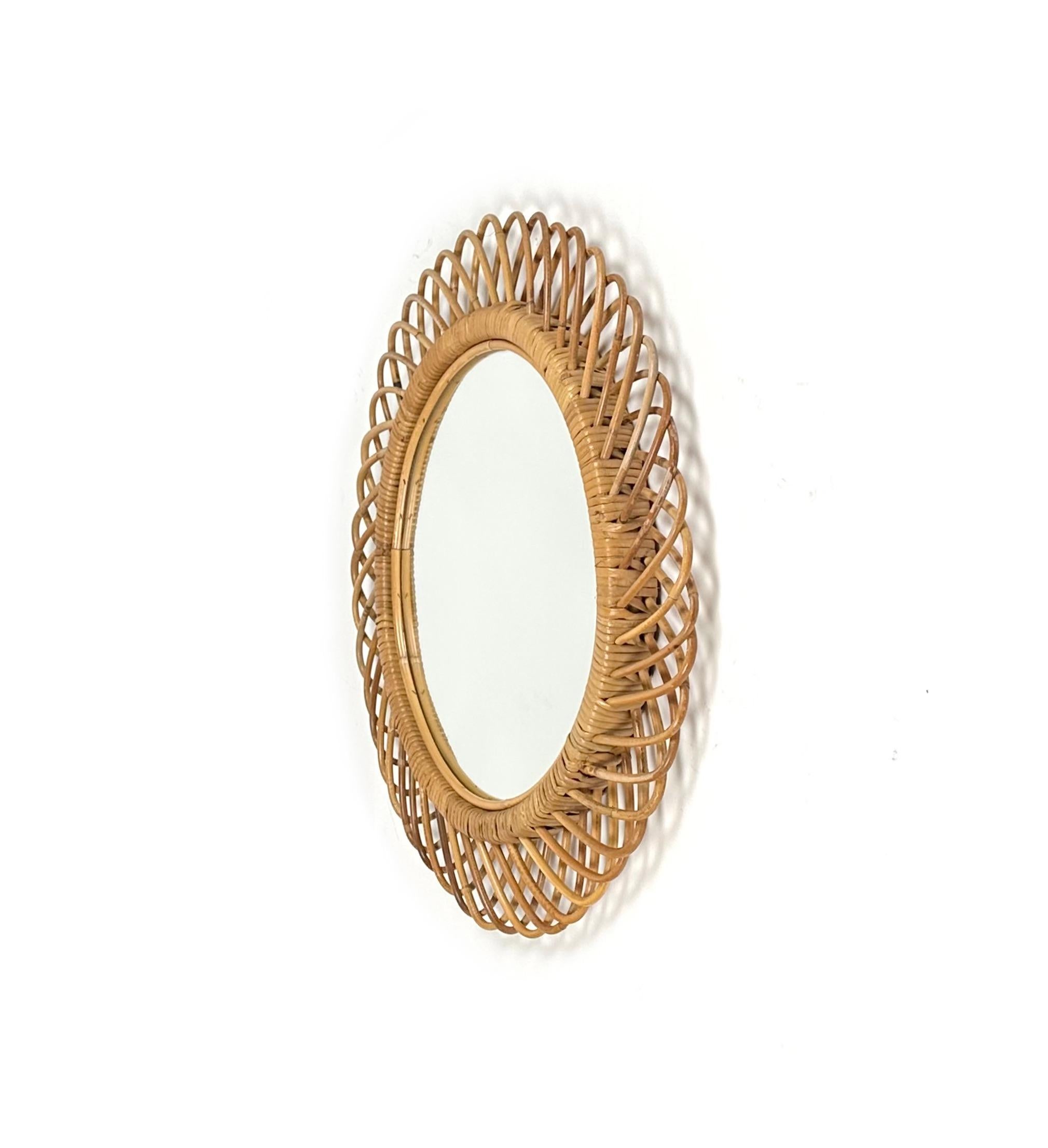Mid-20th Century Midcentury Rattan and Bamboo Round Wall Mirror, Italy, 1960s For Sale