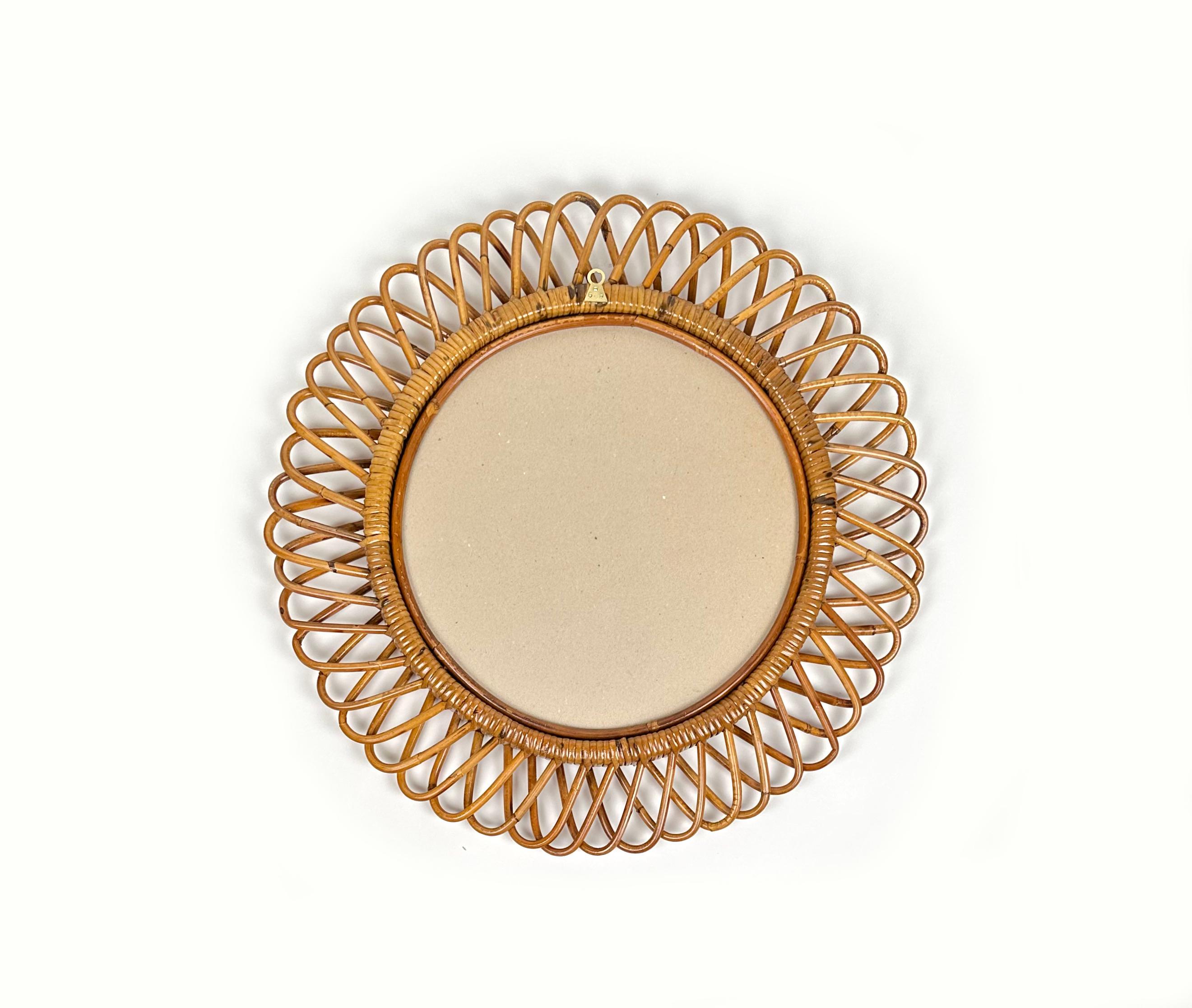Mid-Century Rattan and Bamboo Round Wall Mirror, Italy 1960s For Sale 1
