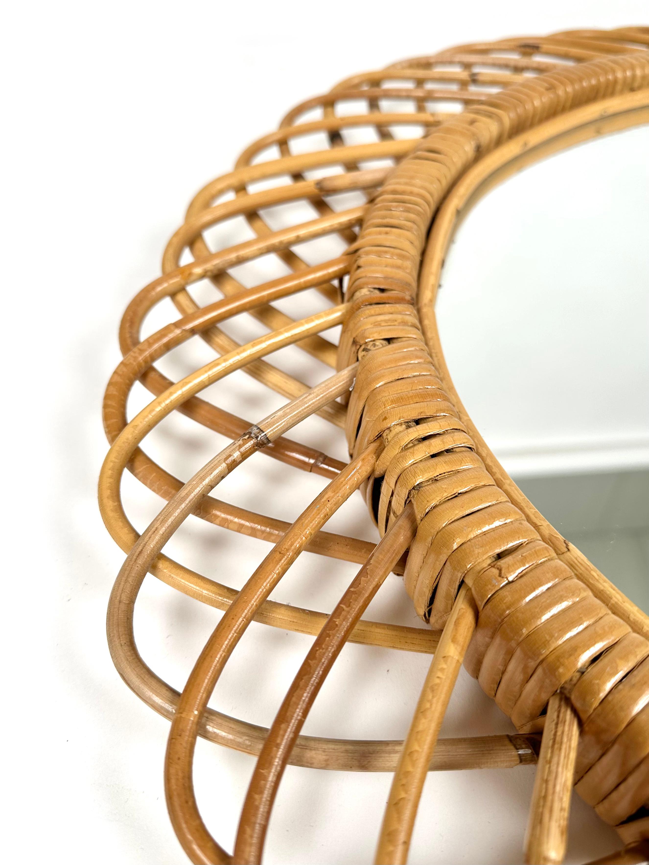 Midcentury Rattan and Bamboo Round Wall Mirror, Italy, 1960s For Sale 2