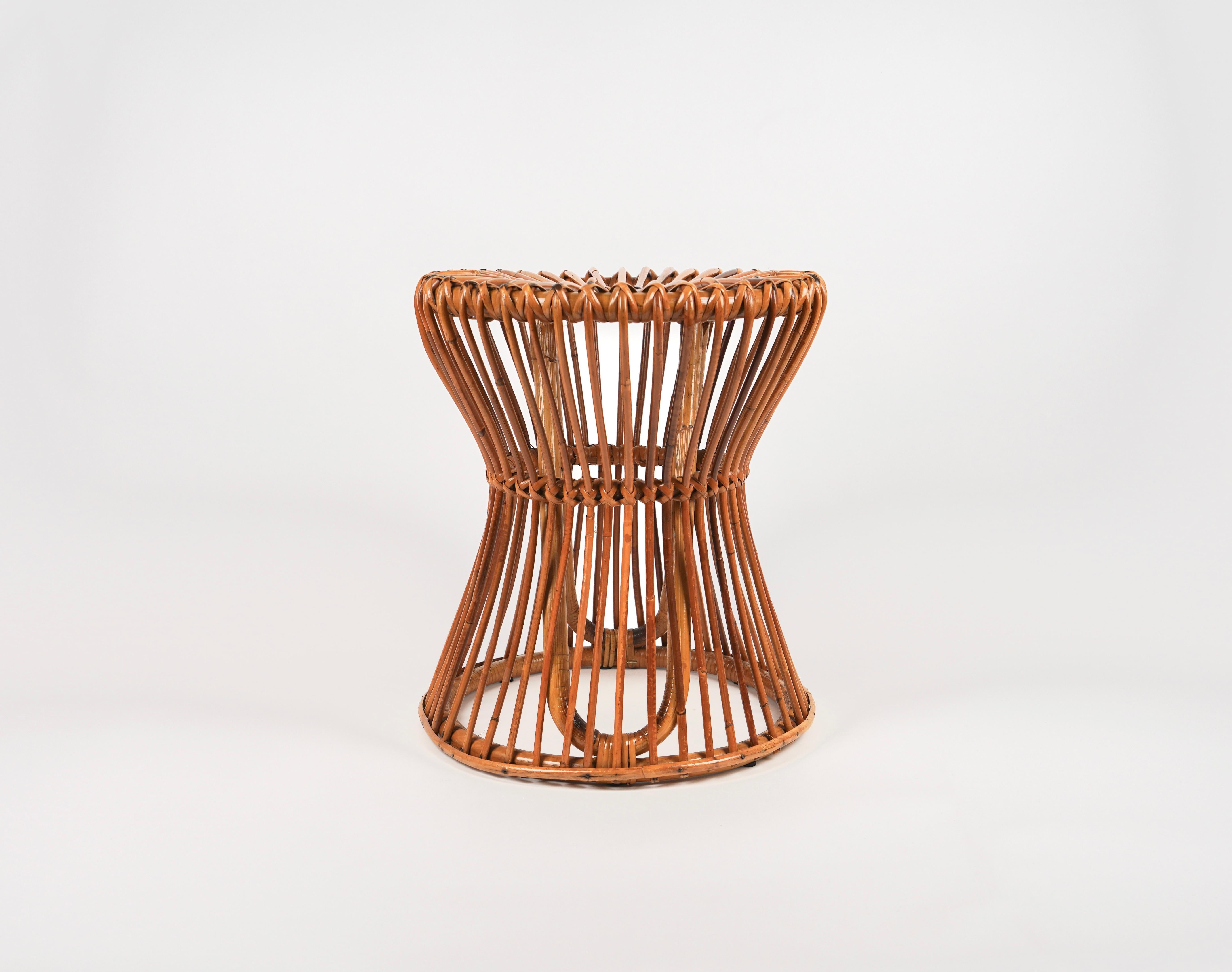 Mid-Century Modern Midcentury Rattan and Bamboo Stool or Side Table Bonacina Style, Italy, 1960s