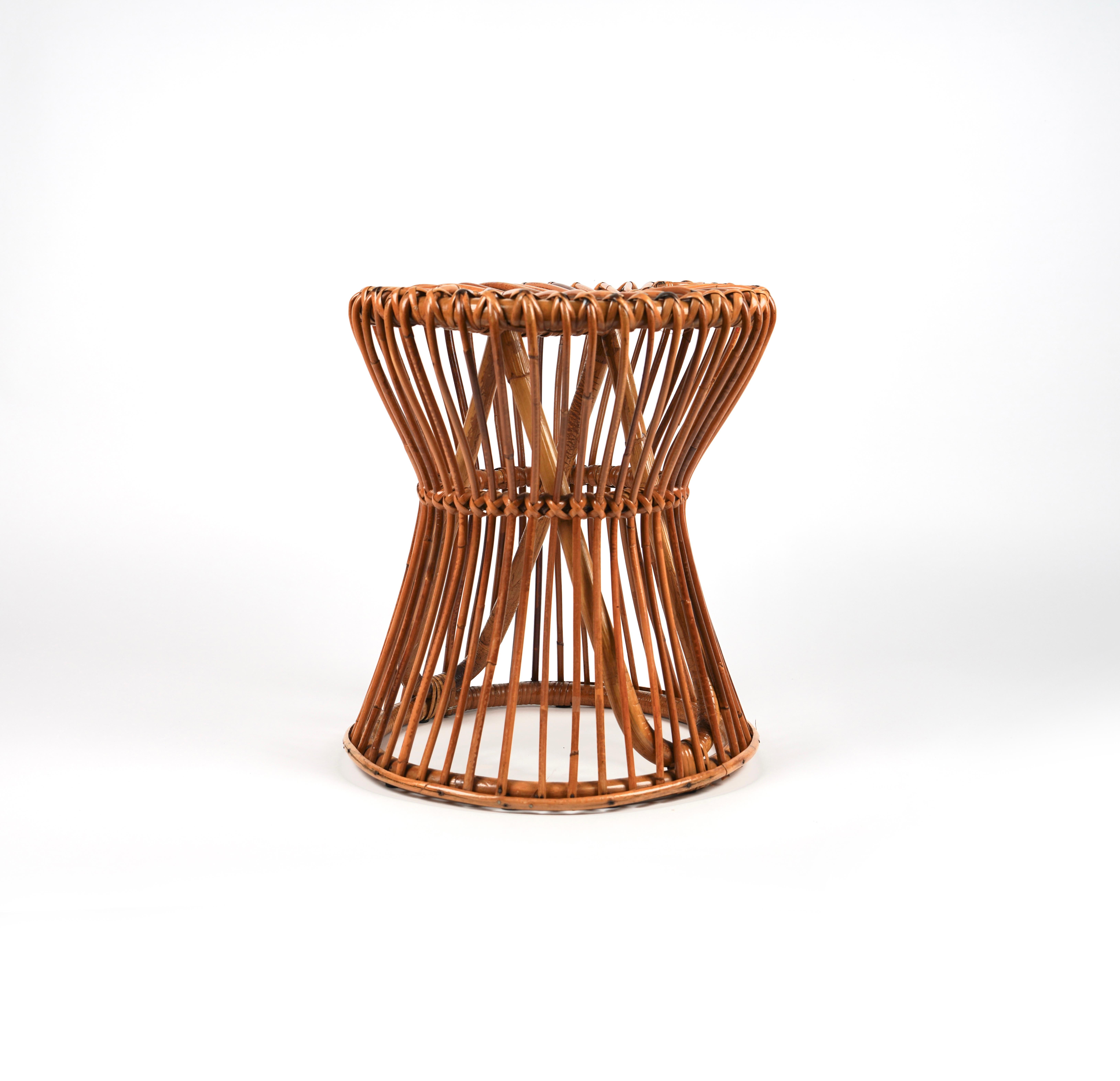Midcentury Rattan and Bamboo Stool or Side Table Bonacina Style, Italy, 1960s In Good Condition In Rome, IT
