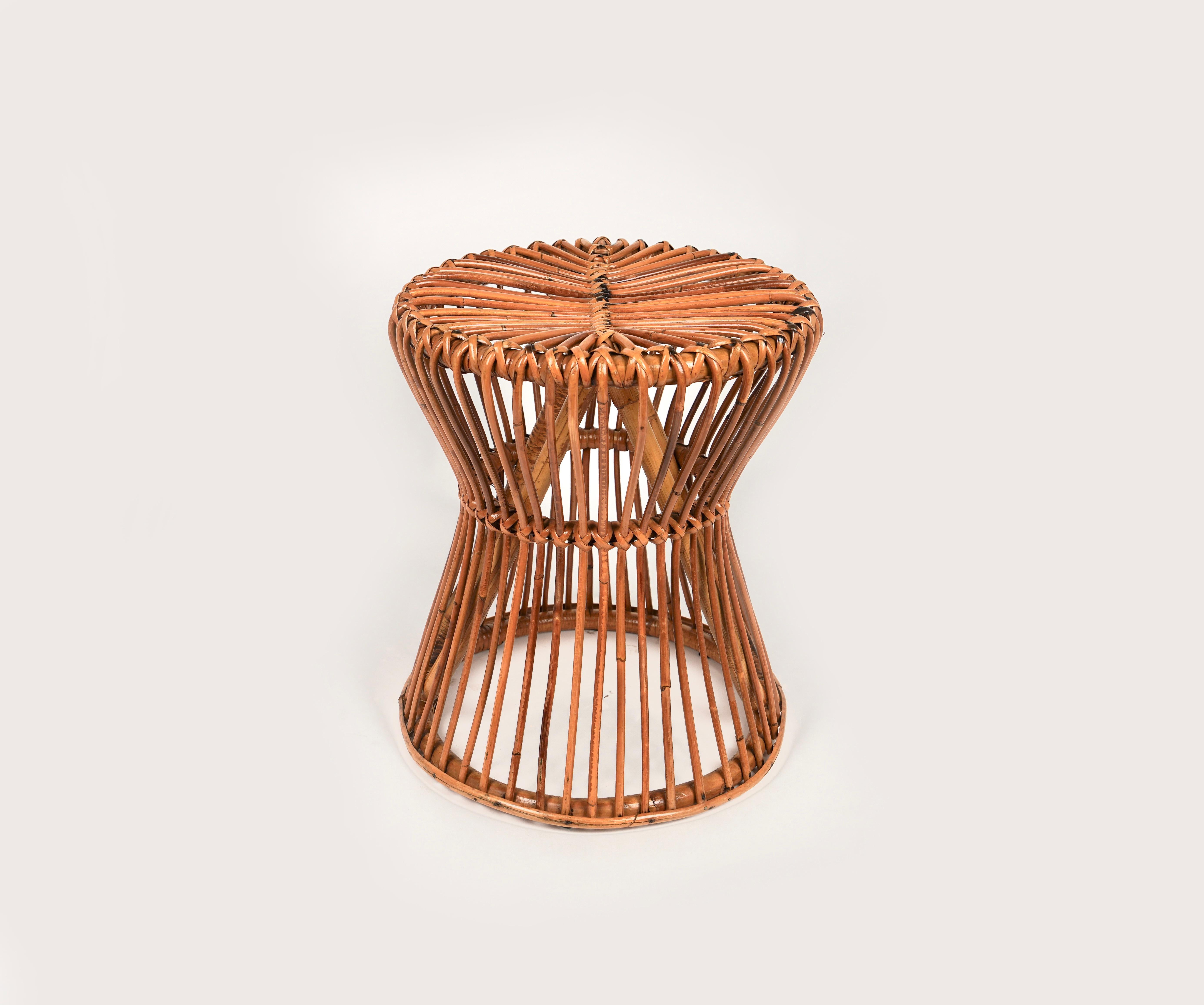 Mid-20th Century Midcentury Rattan and Bamboo Stool or Side Table Bonacina Style, Italy, 1960s