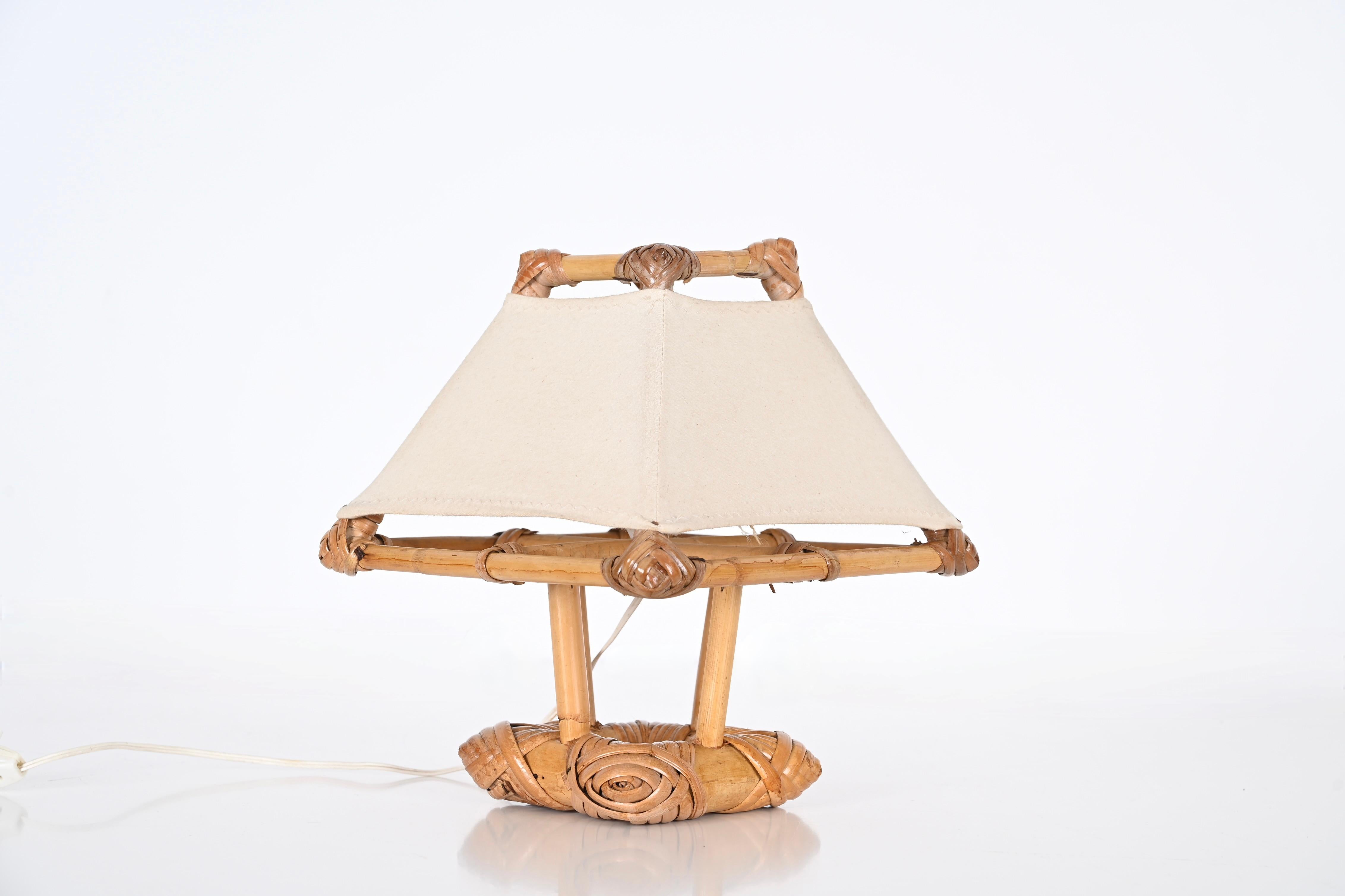 Italian Midcentury Rattan and Bamboo Table Lamp After Louis Sognot, 1960s