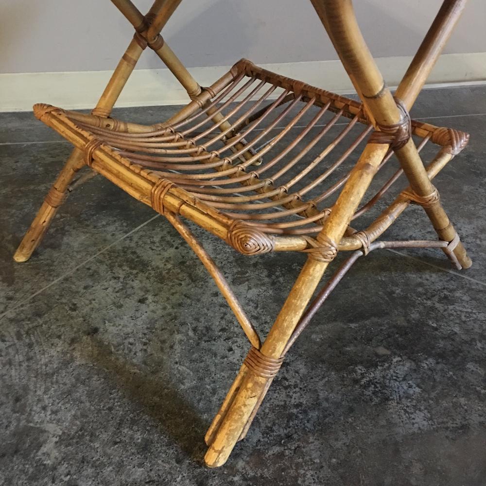 French Midcentury Rattan and Bamboo Table with Magazine Rack For Sale