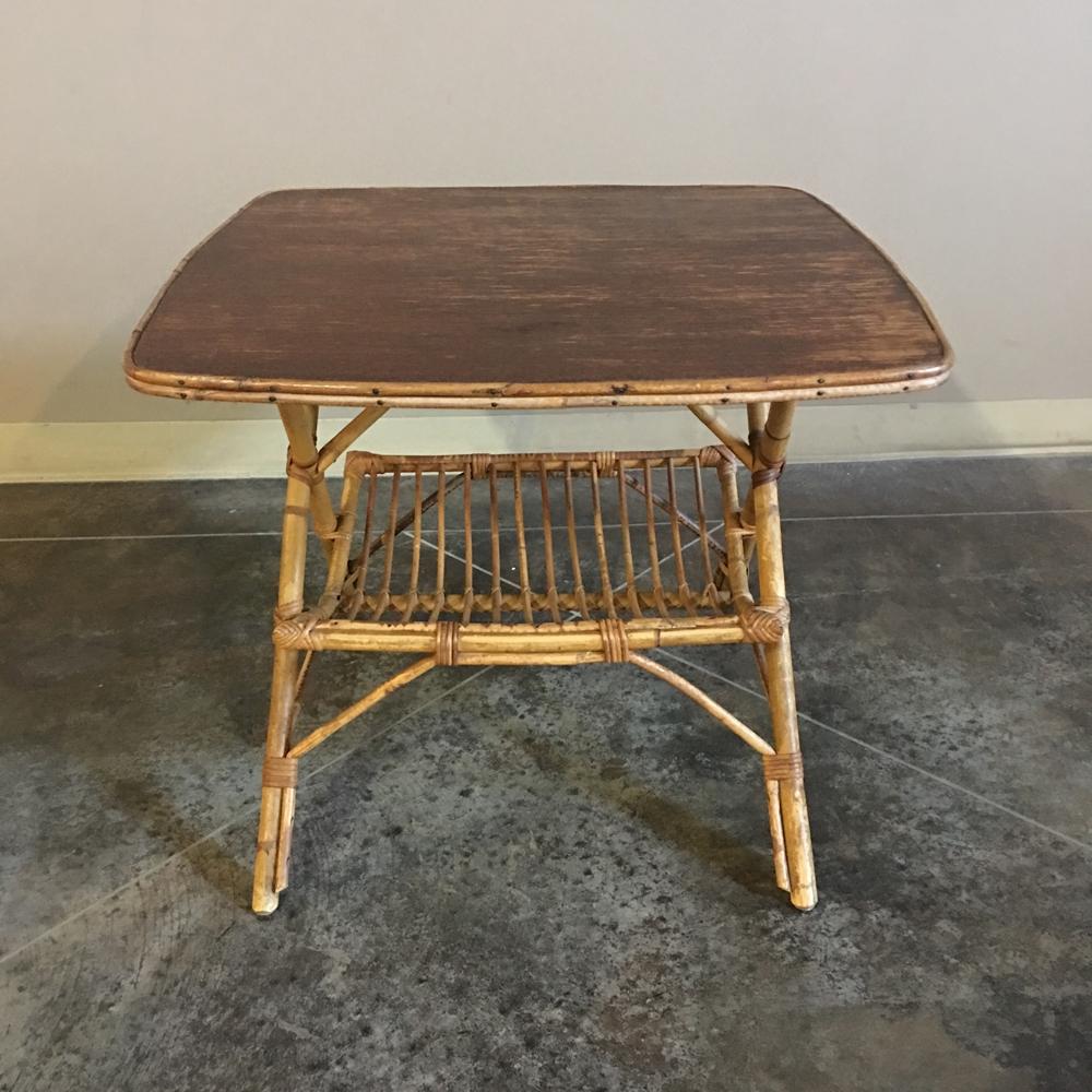 Hand-Crafted Midcentury Rattan and Bamboo Table with Magazine Rack For Sale