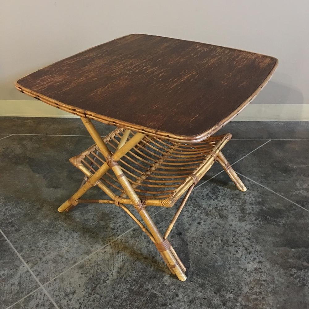 Midcentury Rattan and Bamboo Table with Magazine Rack In Good Condition For Sale In Dallas, TX