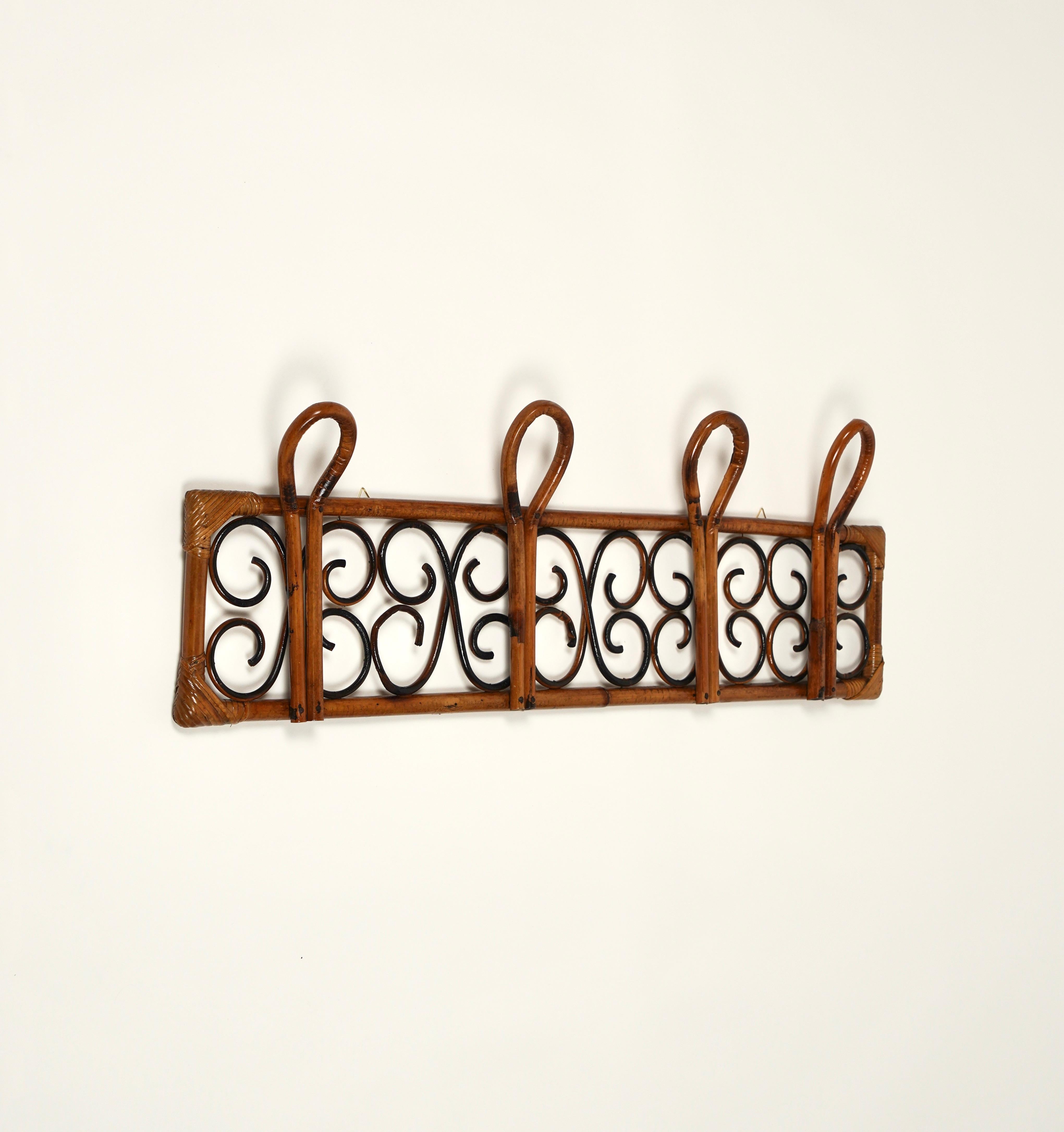 Italian Midcentury Rattan and Bamboo Wall Coat Rack Stand, Italy, 1960s For Sale