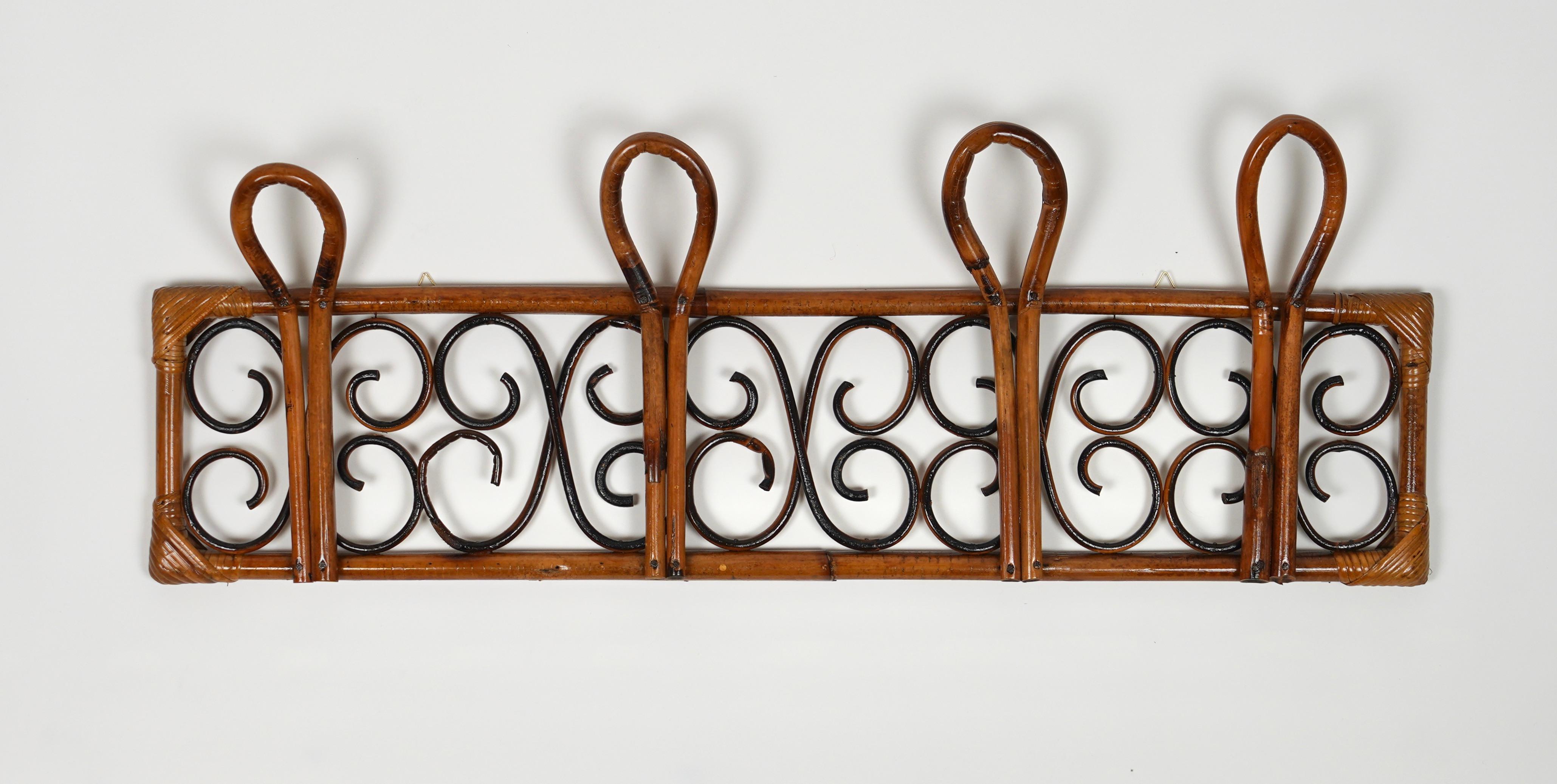 Mid-20th Century Midcentury Rattan and Bamboo Wall Coat Rack Stand, Italy, 1960s For Sale