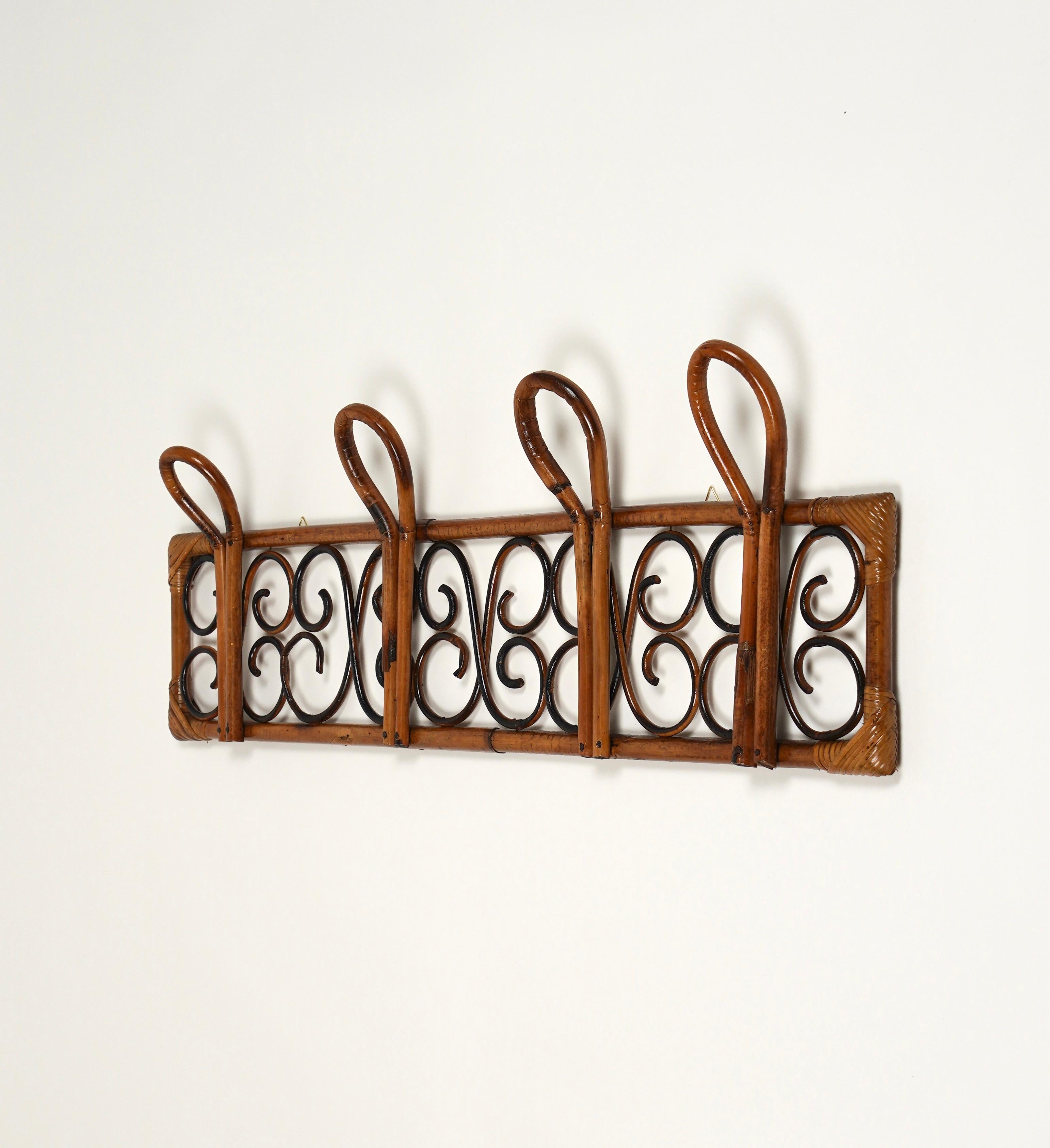 Midcentury Rattan and Bamboo Wall Coat Rack Stand, Italy, 1960s For Sale 1