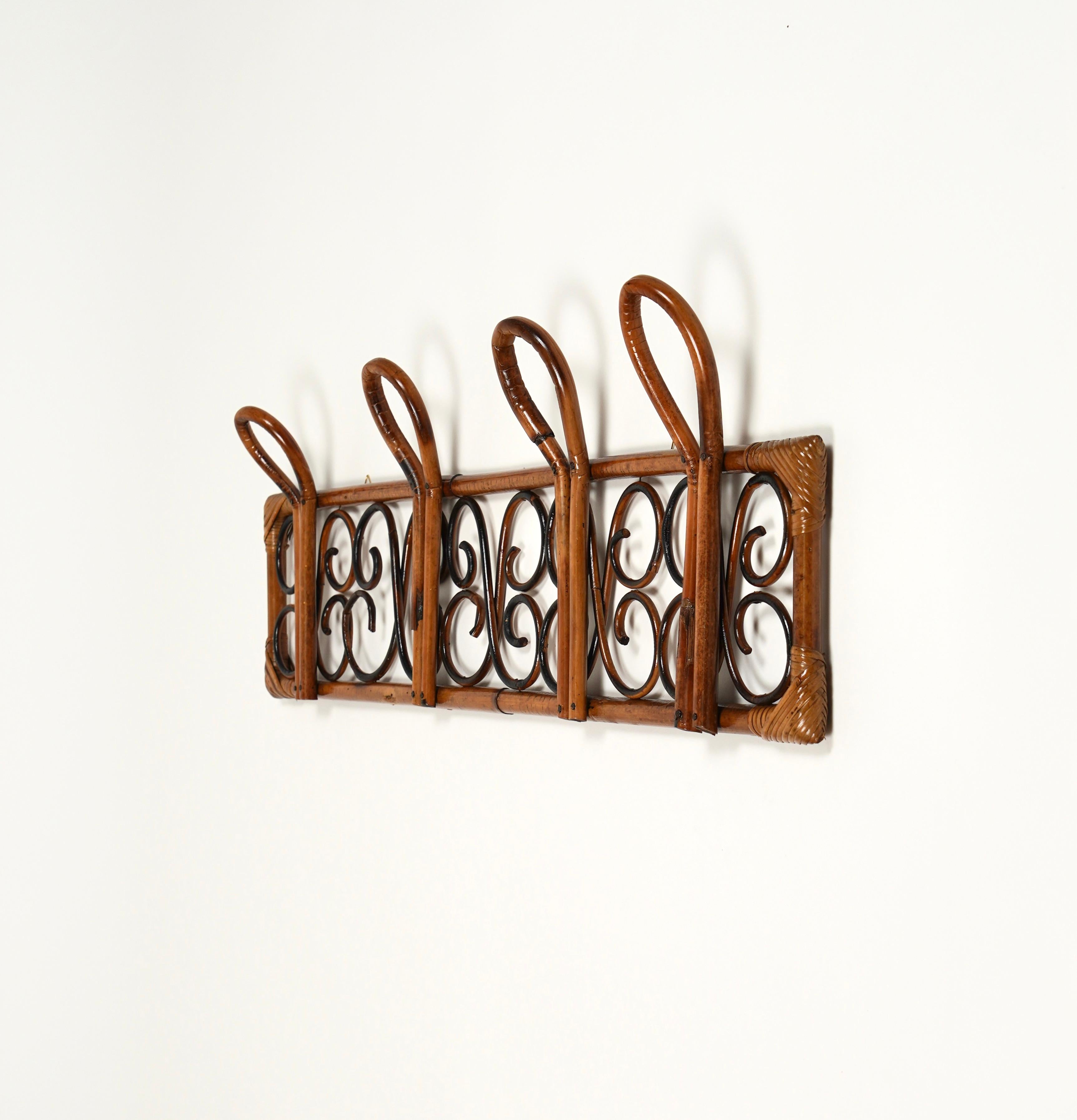 Midcentury Rattan and Bamboo Wall Coat Rack Stand, Italy, 1960s For Sale 2