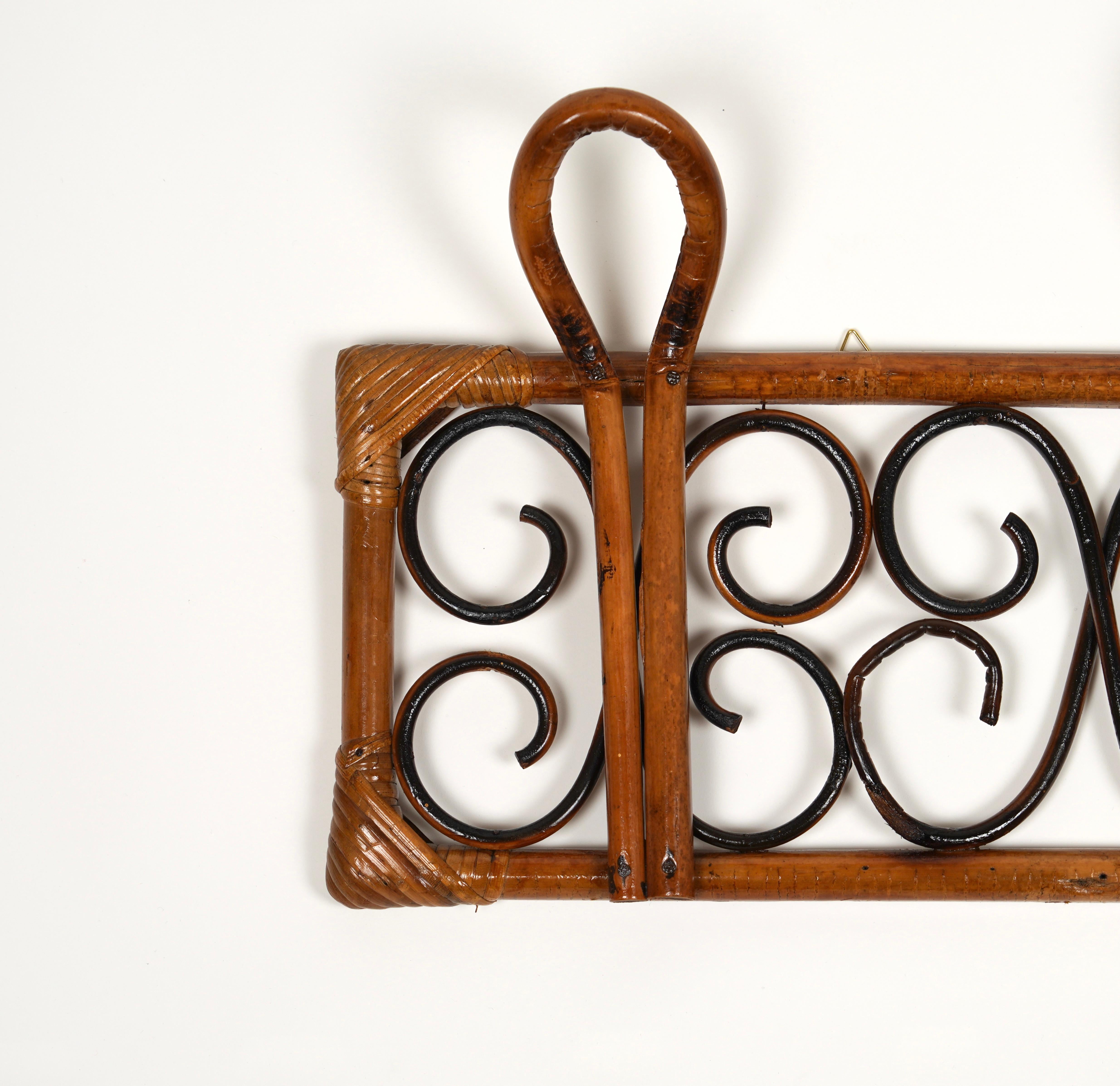 Midcentury Rattan and Bamboo Wall Coat Rack Stand, Italy, 1960s For Sale 3