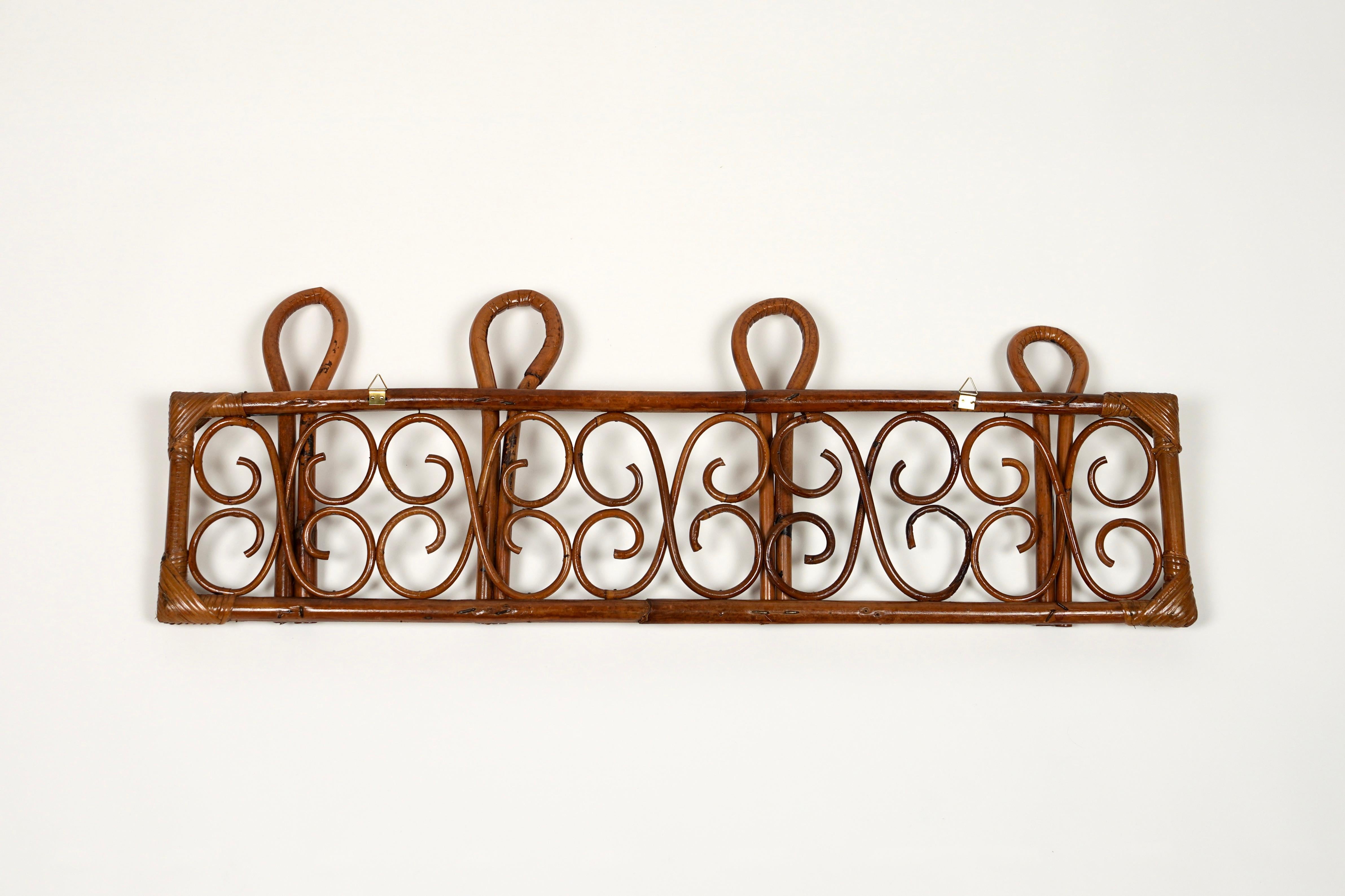 Midcentury Rattan and Bamboo Wall Coat Rack Stand, Italy, 1960s For Sale 4