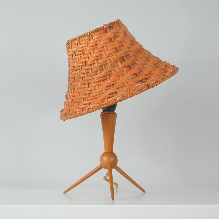 MidCentury Rattan Wicker and Birch Tripod Table Lamp, Sweden, 1950s