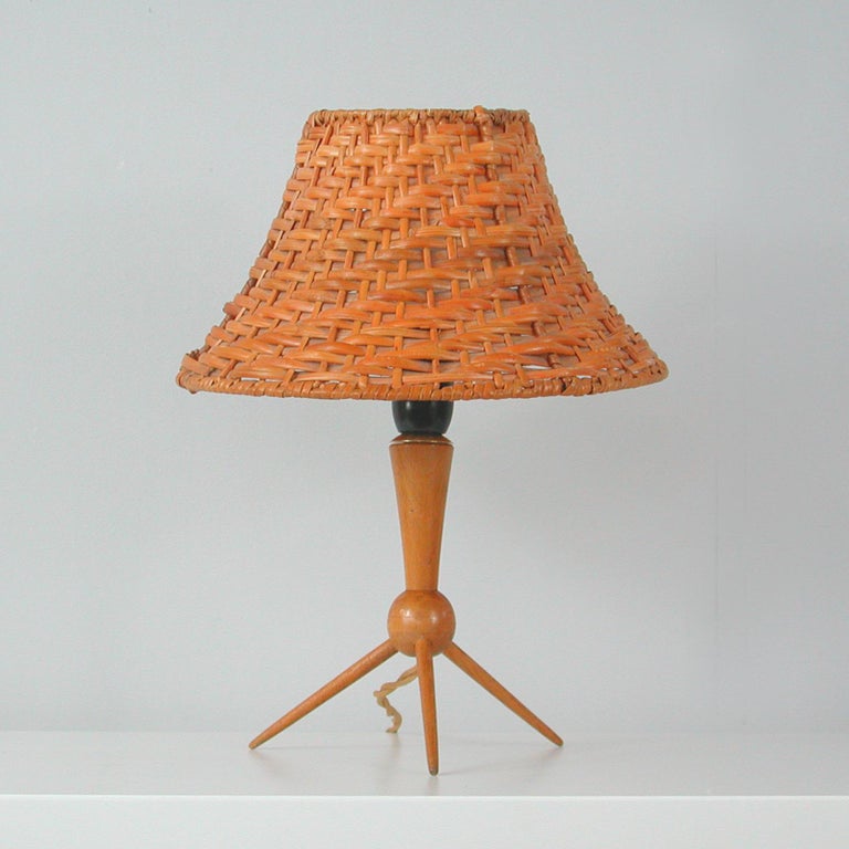 MidCentury Rattan Wicker and Birch Tripod Table Lamp, Sweden, 1950s