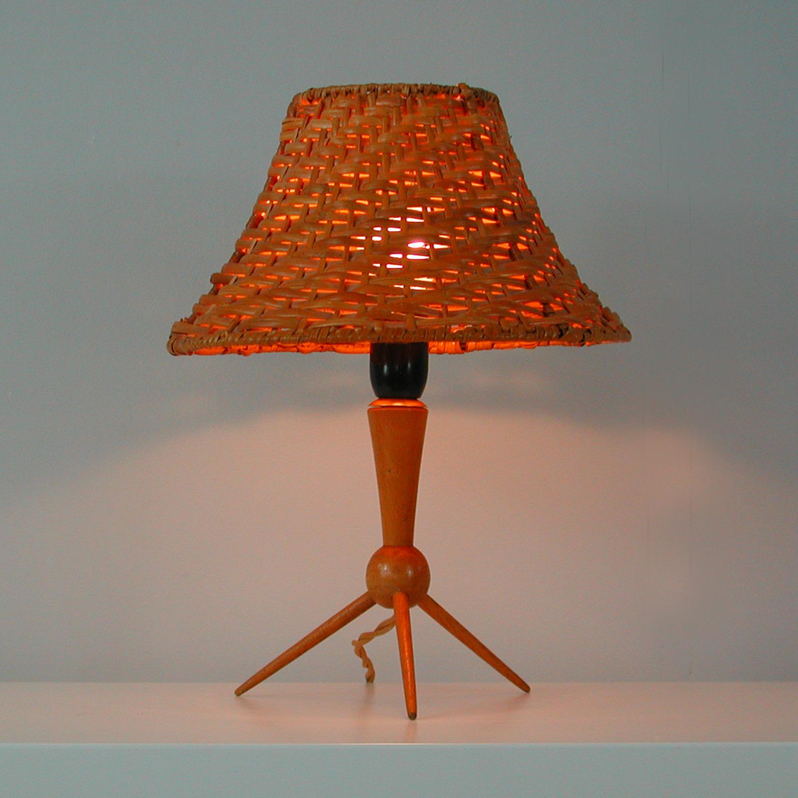Mid-20th Century Mid-Century Rattan Wicker and Birch Tripod Table Lamp, Sweden, 1950s For Sale