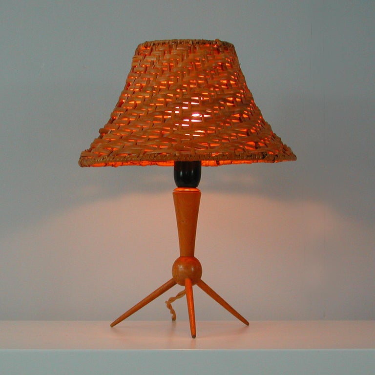 MidCentury Rattan Wicker and Birch Tripod Table Lamp, Sweden, 1950s
