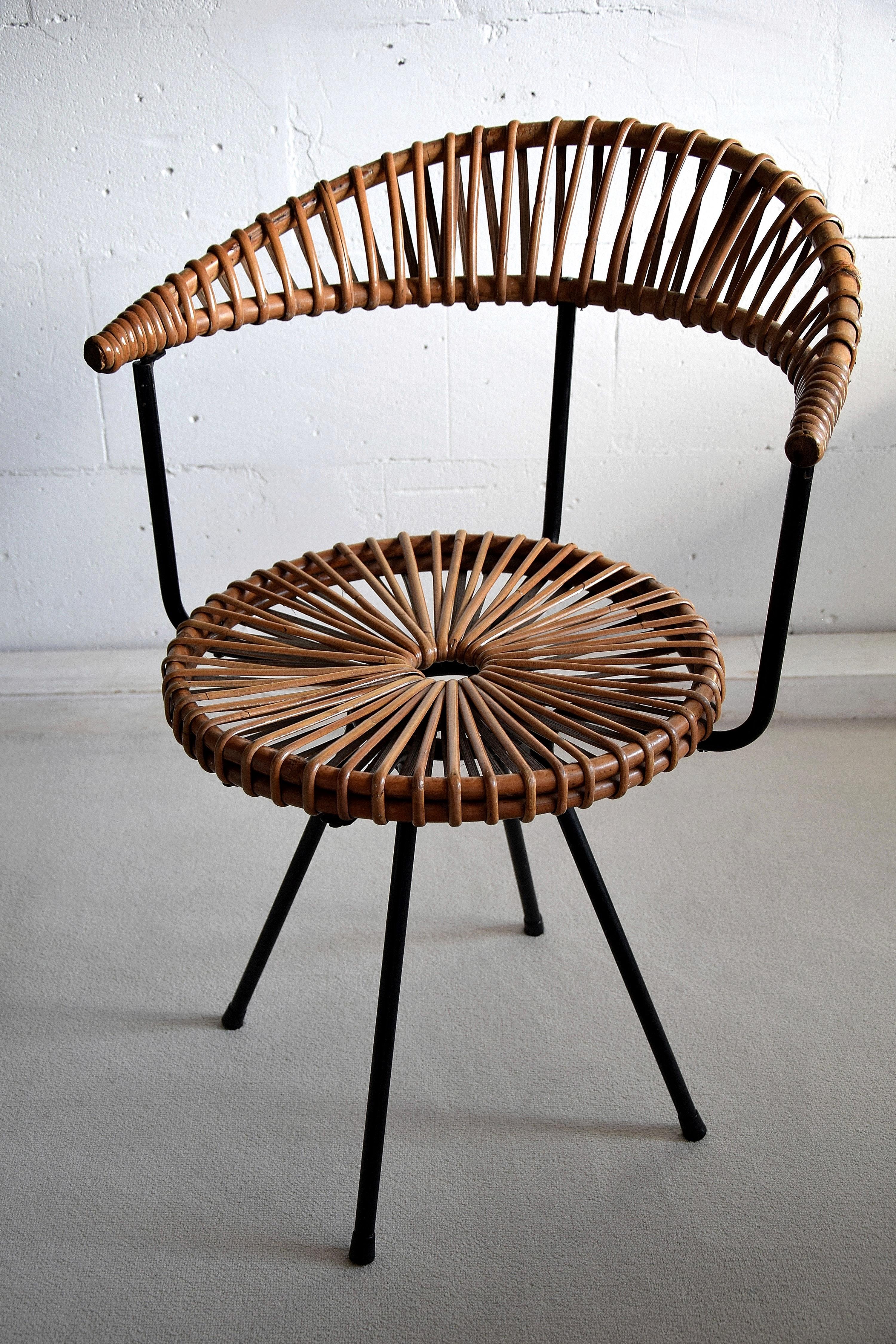 Mid-20th Century Mid Century Rattan and Black Iron Chair by Dirk van Sliedregt For Sale