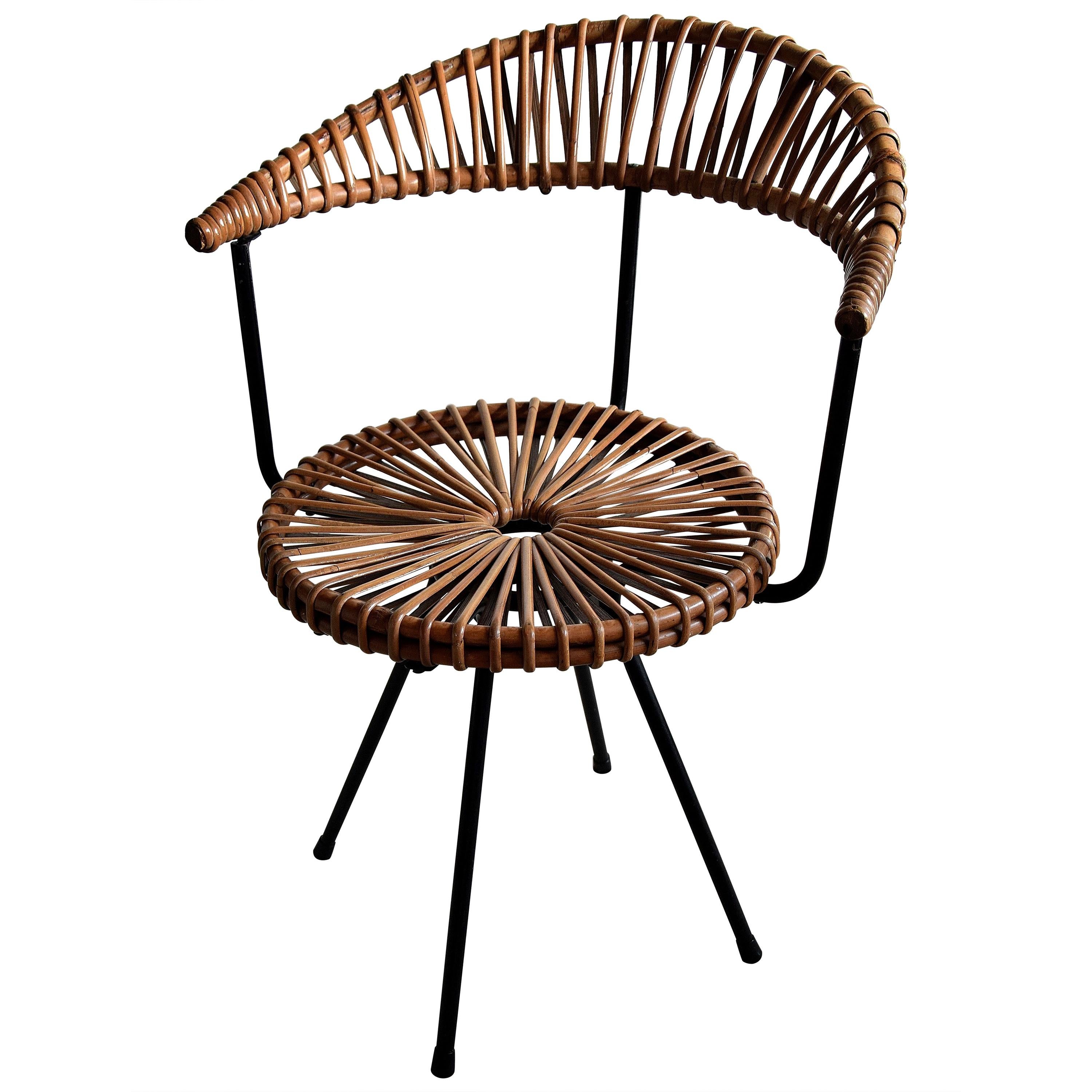 Mid Century Rattan and Black Iron Chair by Dirk van Sliedregt For Sale