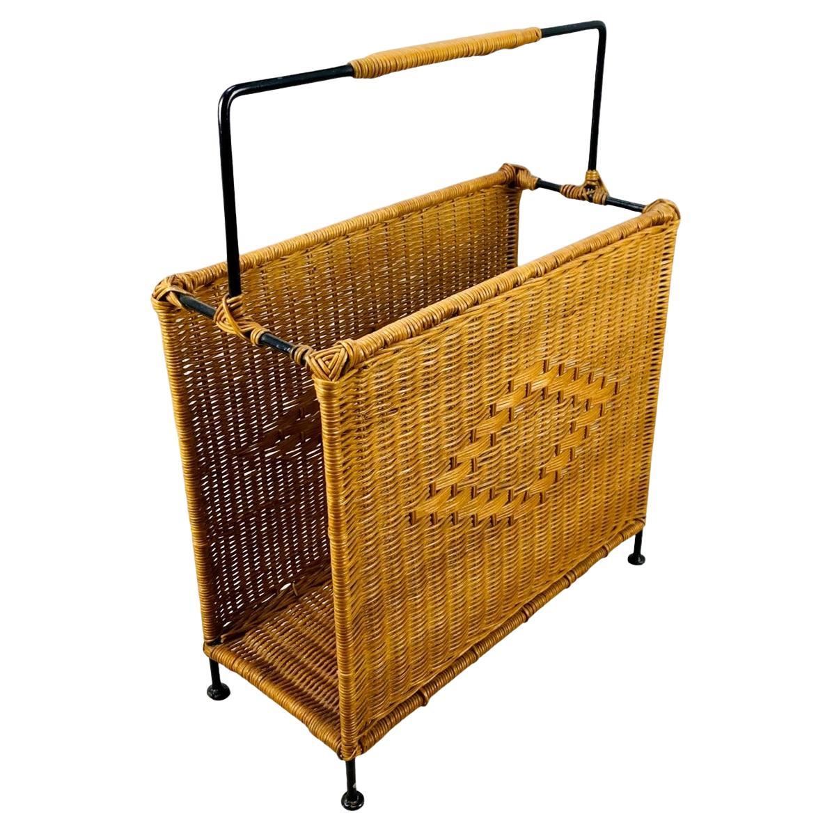 Mid Century rattan and black metal magazine rack, 1950's