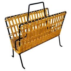 Mid Century rattan and black metal magazine rack, 1950's