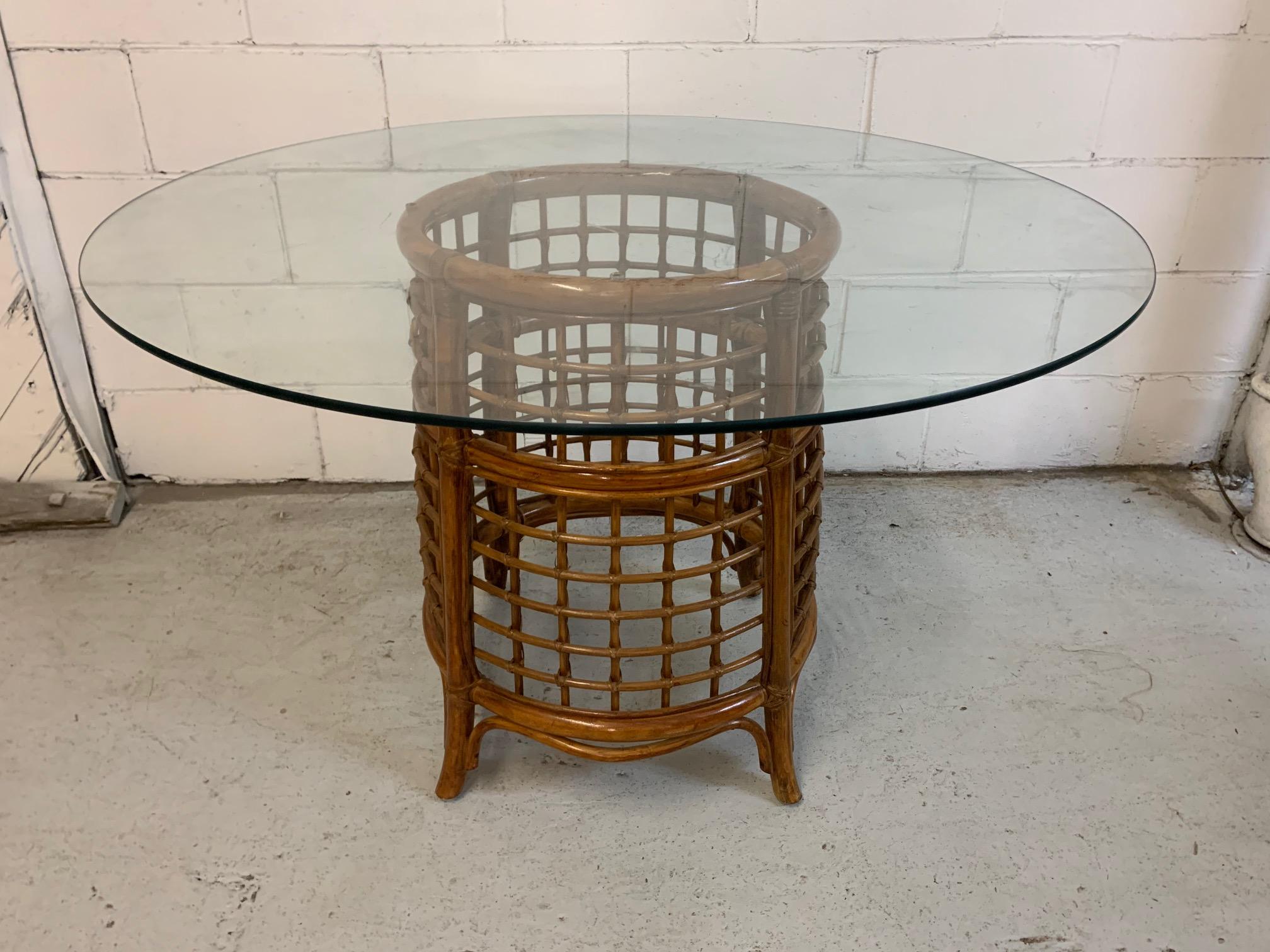 Hollywood Regency Midcentury Rattan and Brass Dining Set, Table and 4 Chairs