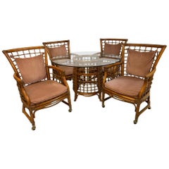 Midcentury Rattan and Brass Dining Set, Table and 4 Chairs