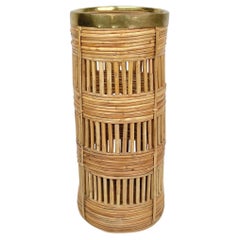 Mid-Century Rattan and Brass Umbrella Stand, Italy 1960s