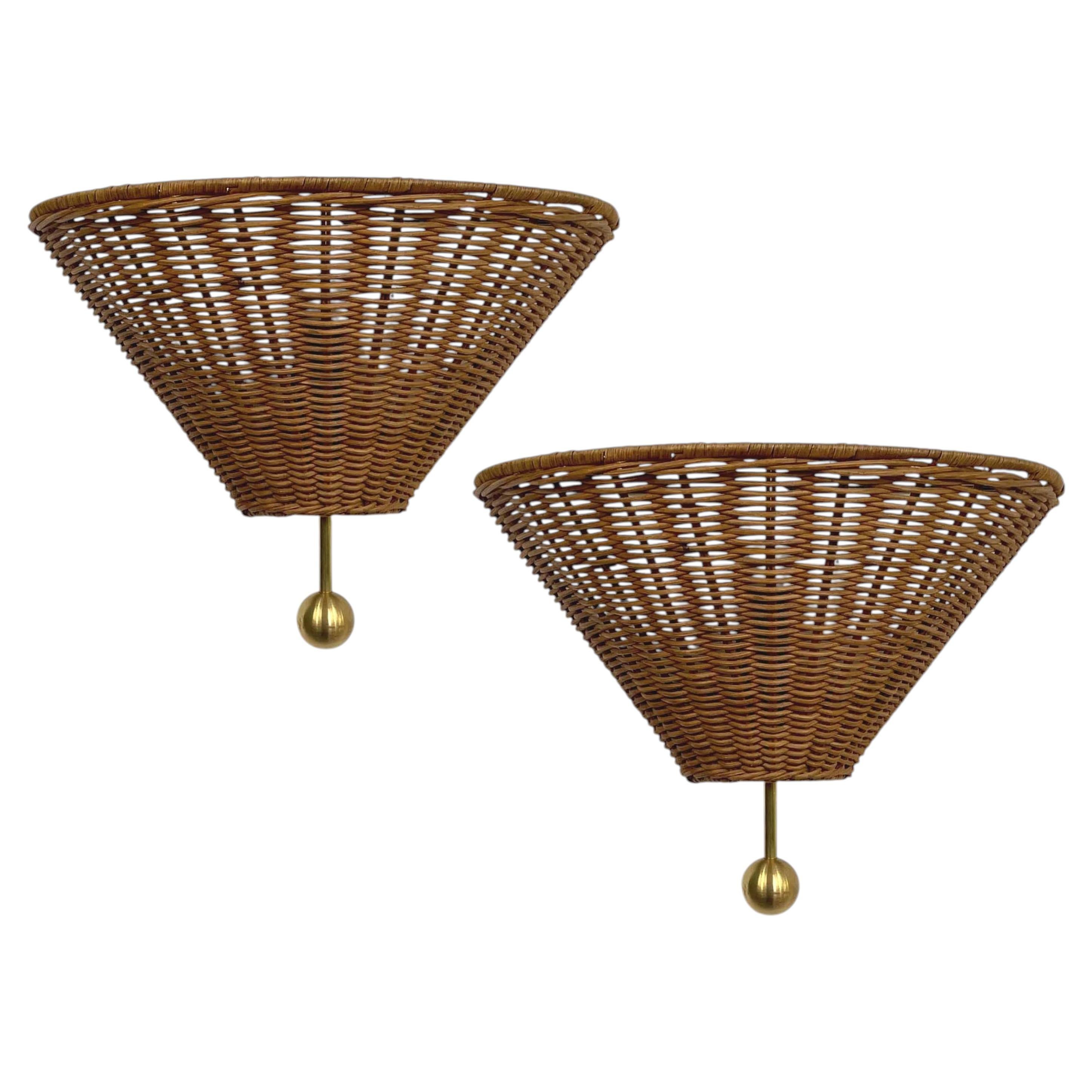 Mid-Century Rattan and Brass Wall Lights, Austria, 1950s 1960s
