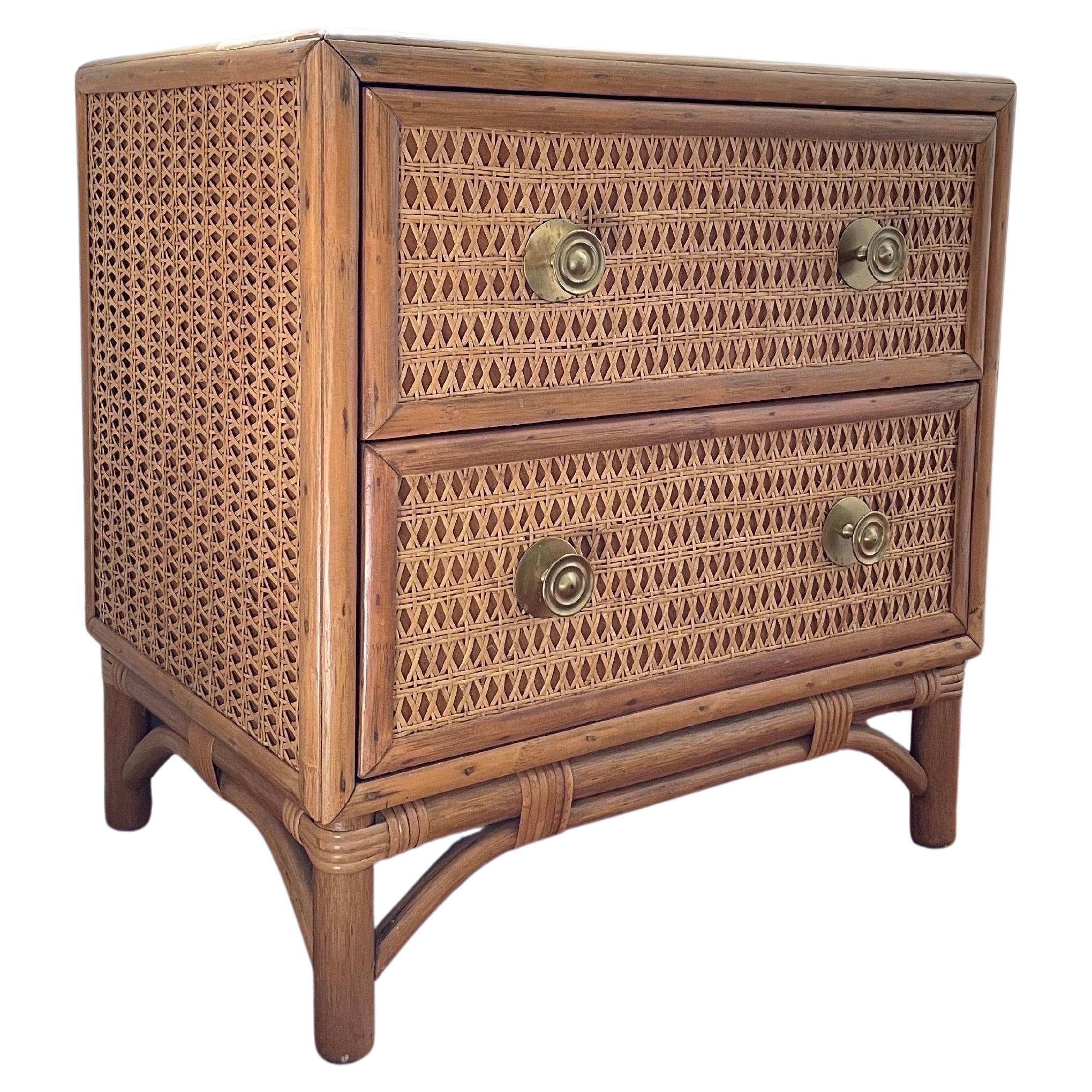 Midcentury Rattan and Cane Side Table Nightstand For Sale