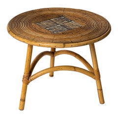 Mid Century Rattan and Ceramic Tiles Tripod Side Table - France 1950's