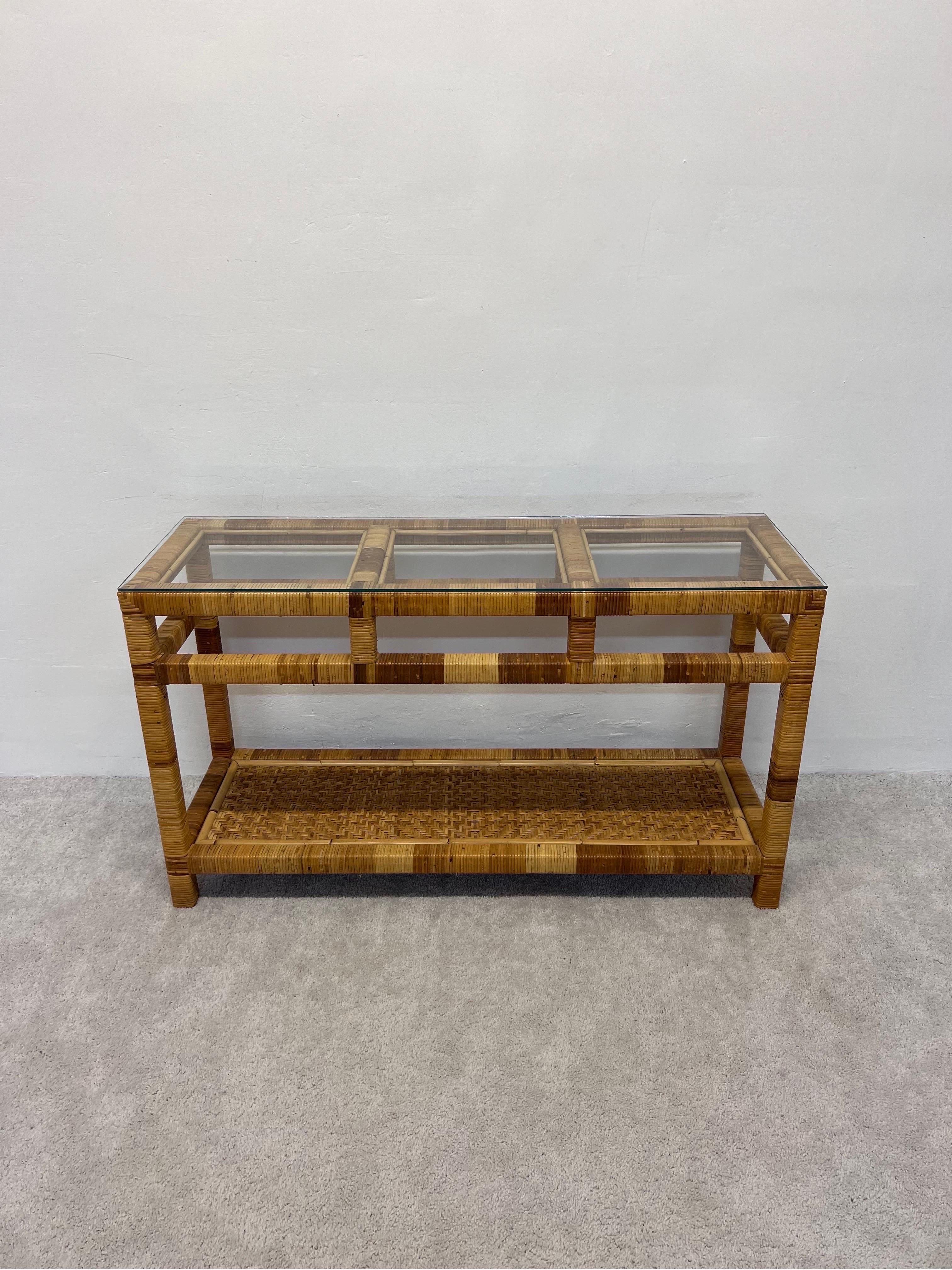 Mid-Century Rattan and Glass Top Console Table For Sale 4